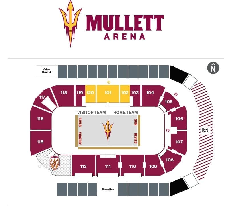 Mullett Arena: Seating chart, Mullett Arena — volleyball. Use the source chart for section and row details.