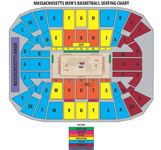 Mullins Center: Seating chart, Mullins Center — 2025–26 men’s basketball. Use the source chart for section and row details.