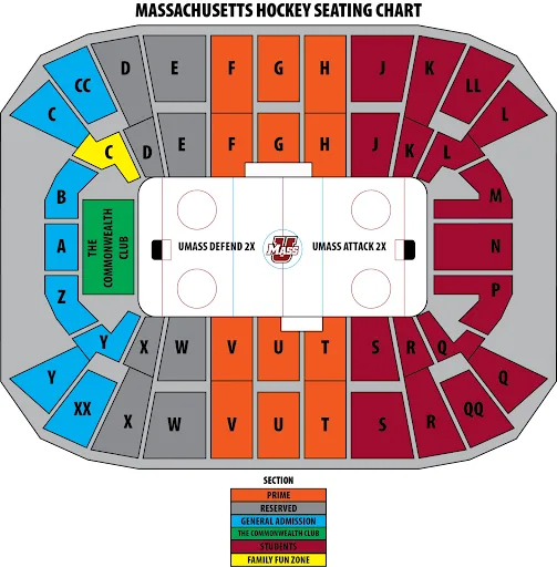 Mullins Center: Seating chart, Mullins Center — 2025–26 hockey. Use the source chart for section and row details.