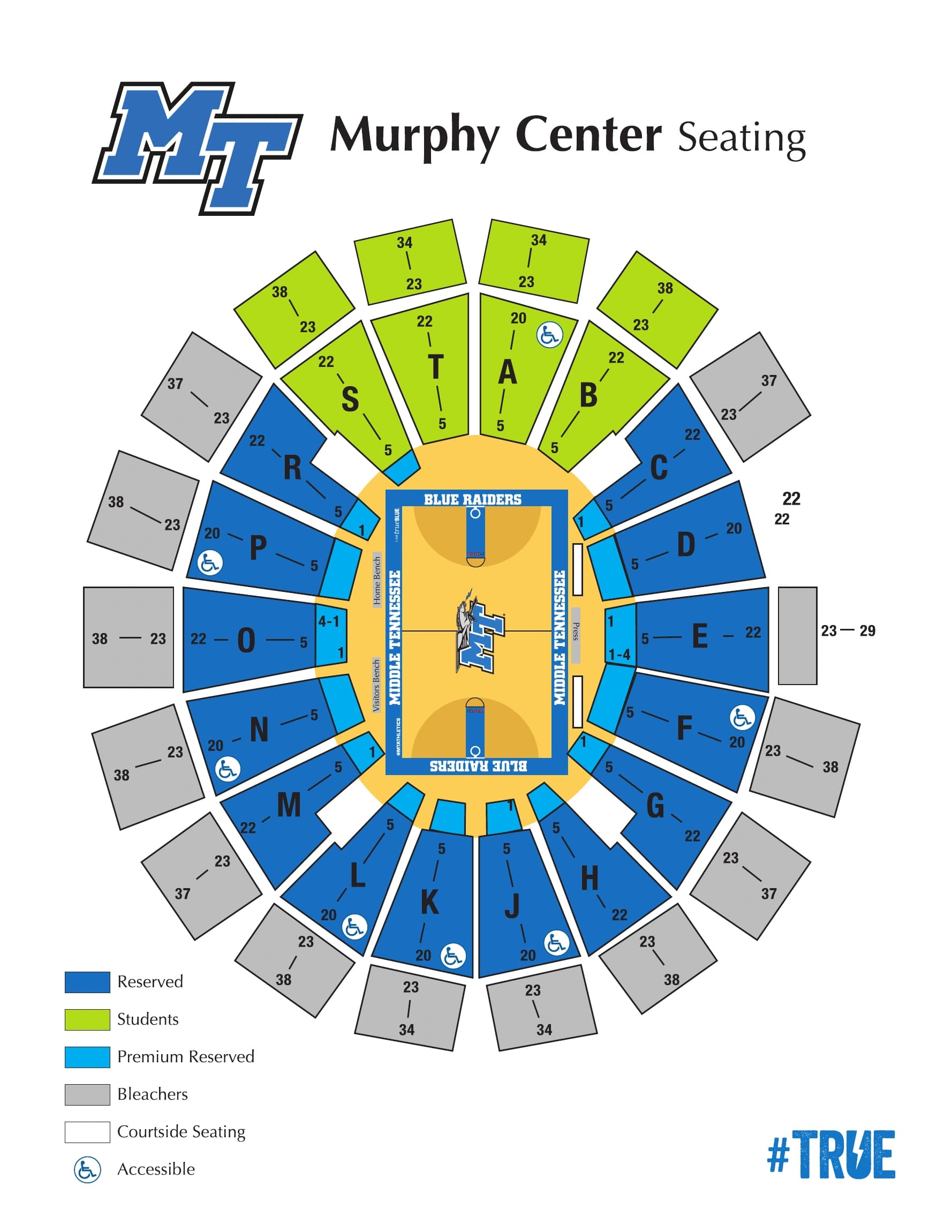 Murphy Center: Seating chart, 2016 basketball reference · sections A–T, rows and benches. Use the source chart for section and row details.