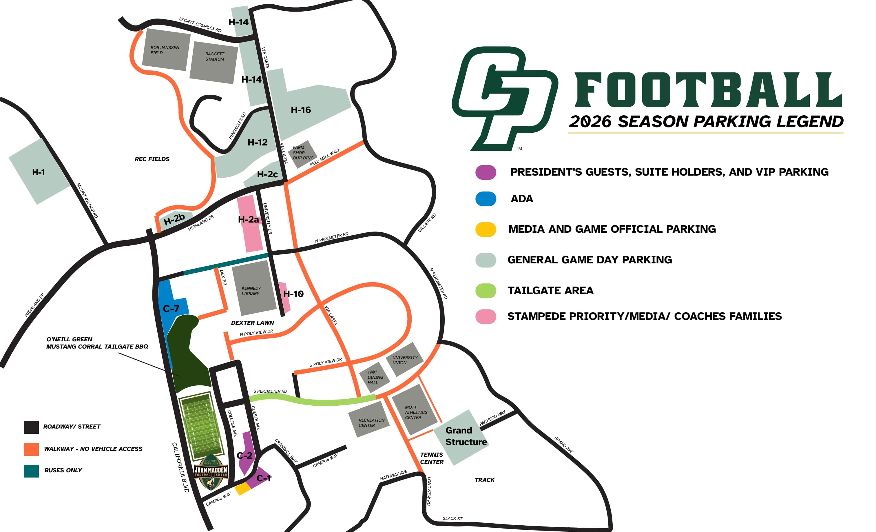 Mustang Memorial Field at Alex G. Spanos Stadium: Venue layout, Cal Poly — official September 2026 football parking plan. Use the original map for routes and visitor facilities.
