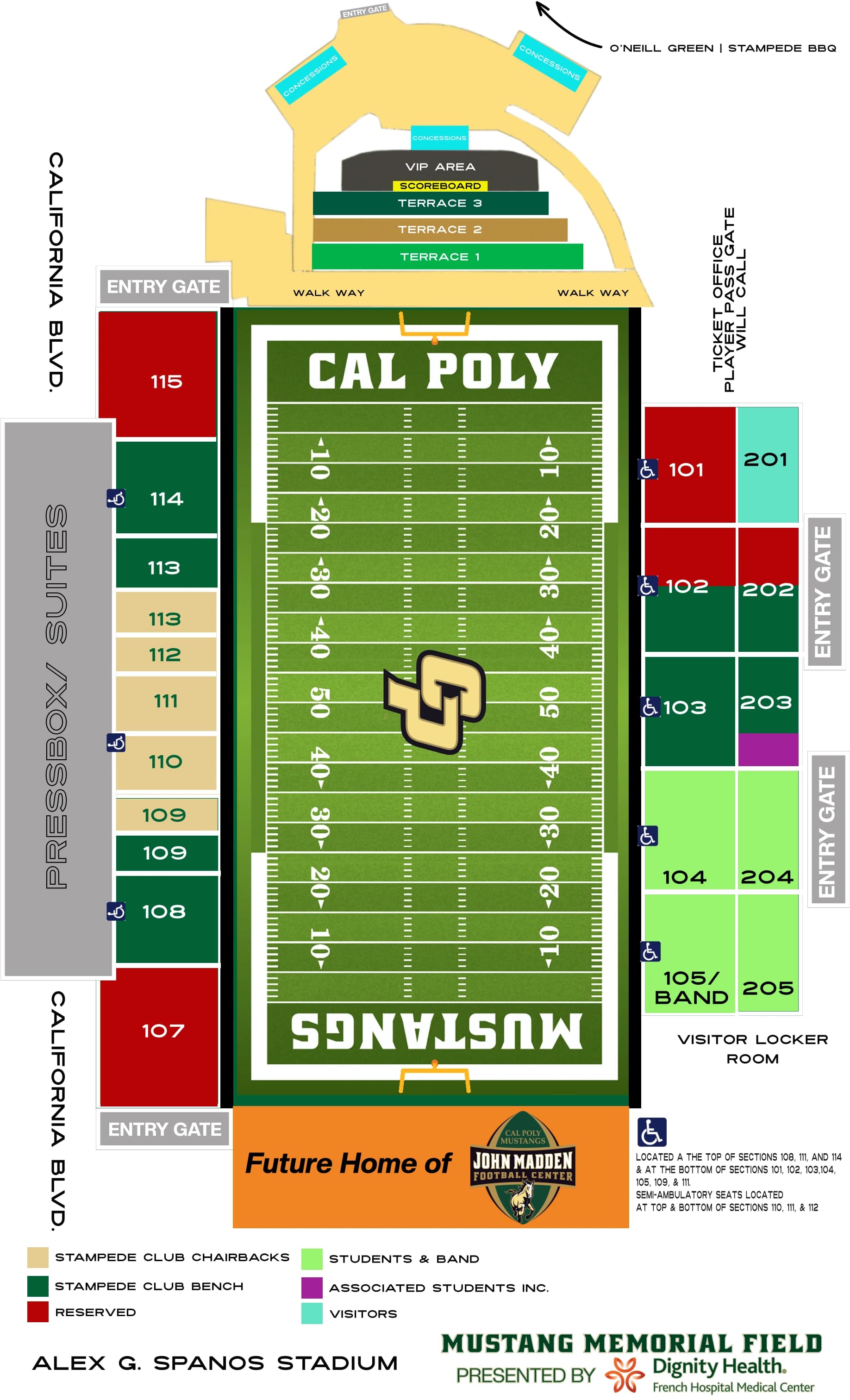 Mustang Memorial Field at Alex G. Spanos Stadium: Seating chart, Cal Poly — official current-linked 2024 football section chart. Use the source chart for section and row details.