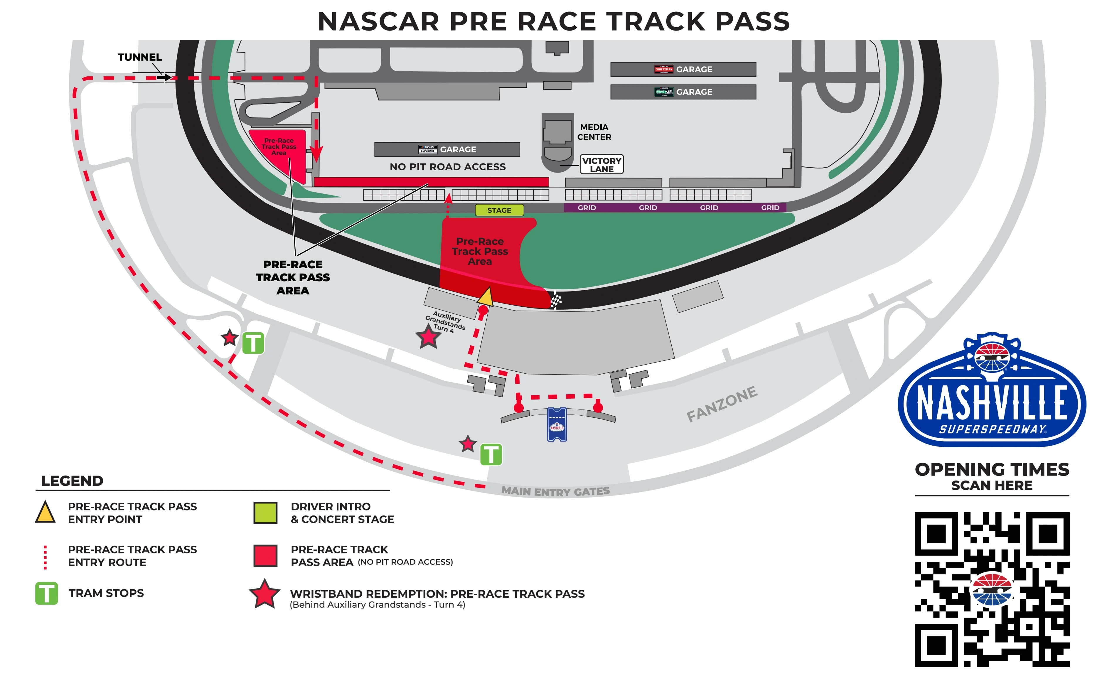 Nashville Superspeedway: Venue layout, Nashville · May 2026 Pre-Race Track Pass route and access limits. Use the original map for routes and visitor facilities.