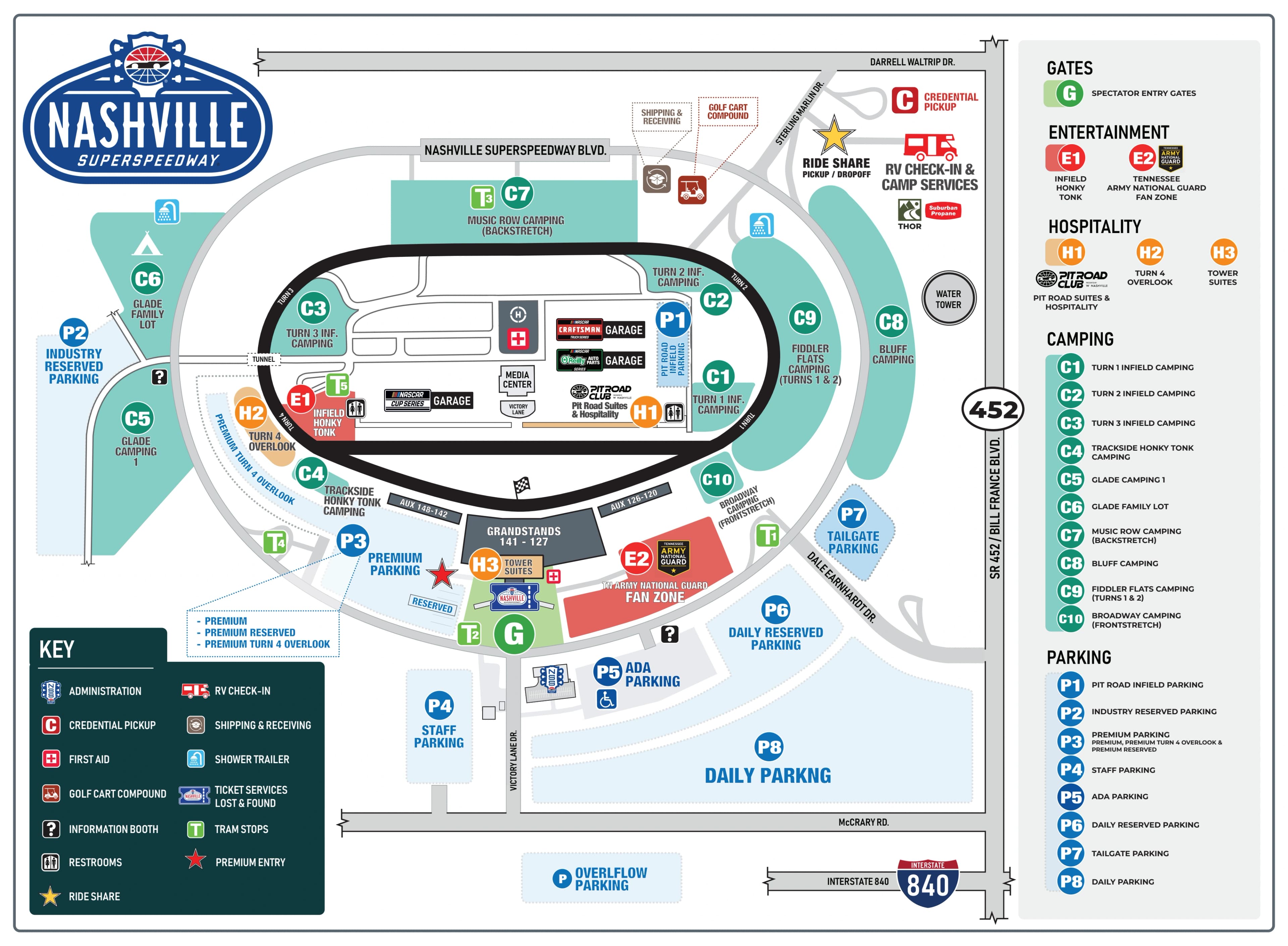 Nashville Superspeedway: Venue layout, Nashville · May 2026 facility, gates, parking and rideshare plan. Use the original map for routes and visitor facilities.