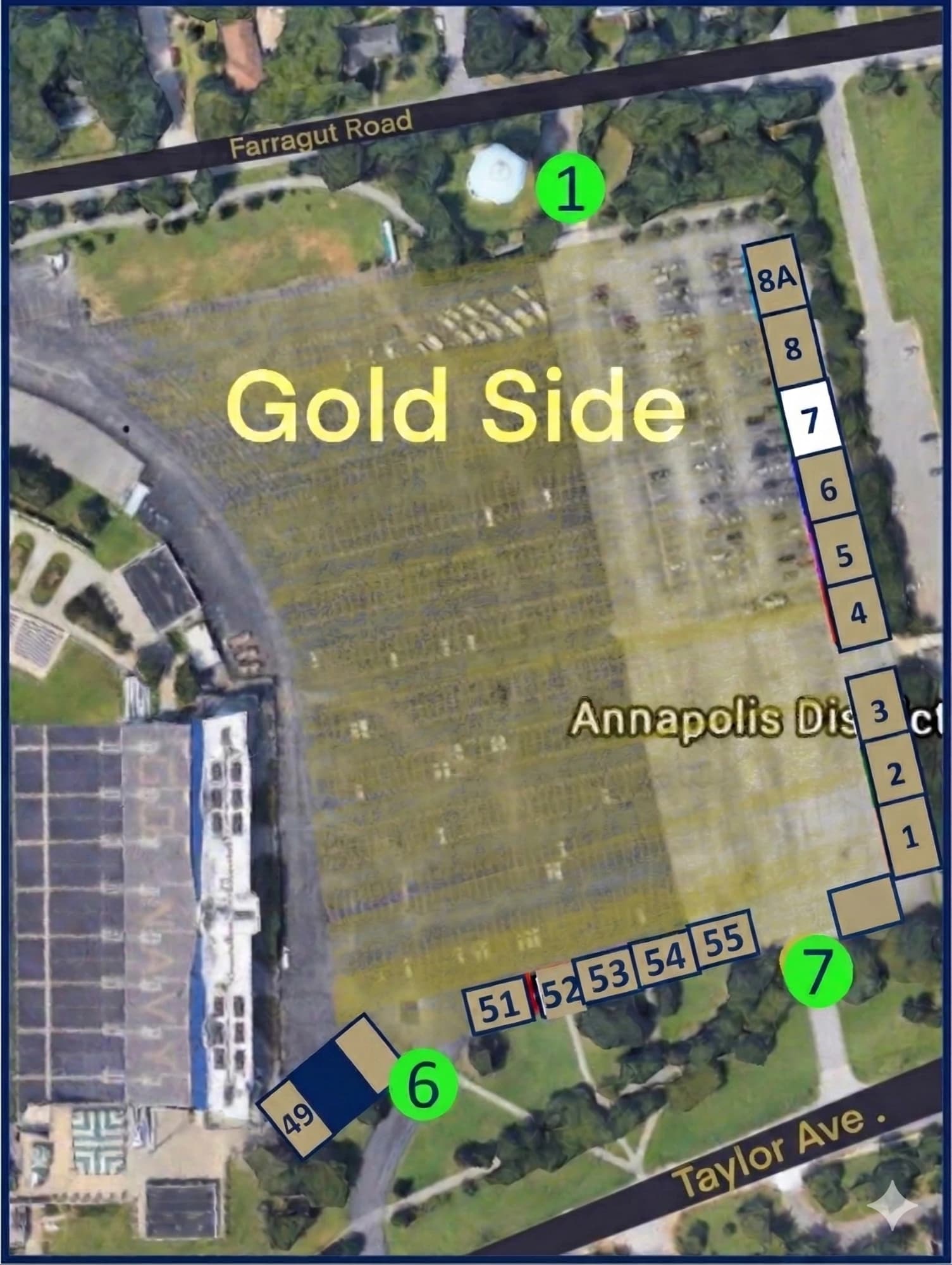 Navy-Marine Corps Memorial Stadium: Venue layout, Navy — official 2026 Gold-side perimeter tailgate plan. Use the original map for routes and visitor facilities.