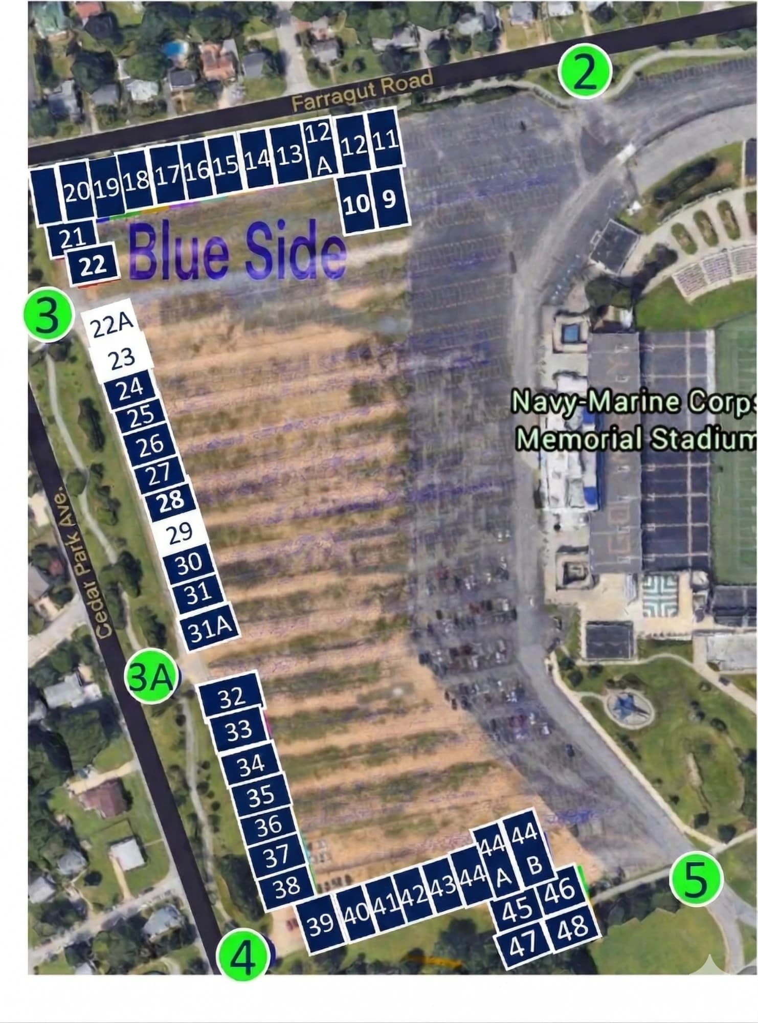 Navy-Marine Corps Memorial Stadium: Venue layout, Navy — official 2026 Blue-side perimeter tailgate plan. Use the original map for routes and visitor facilities.