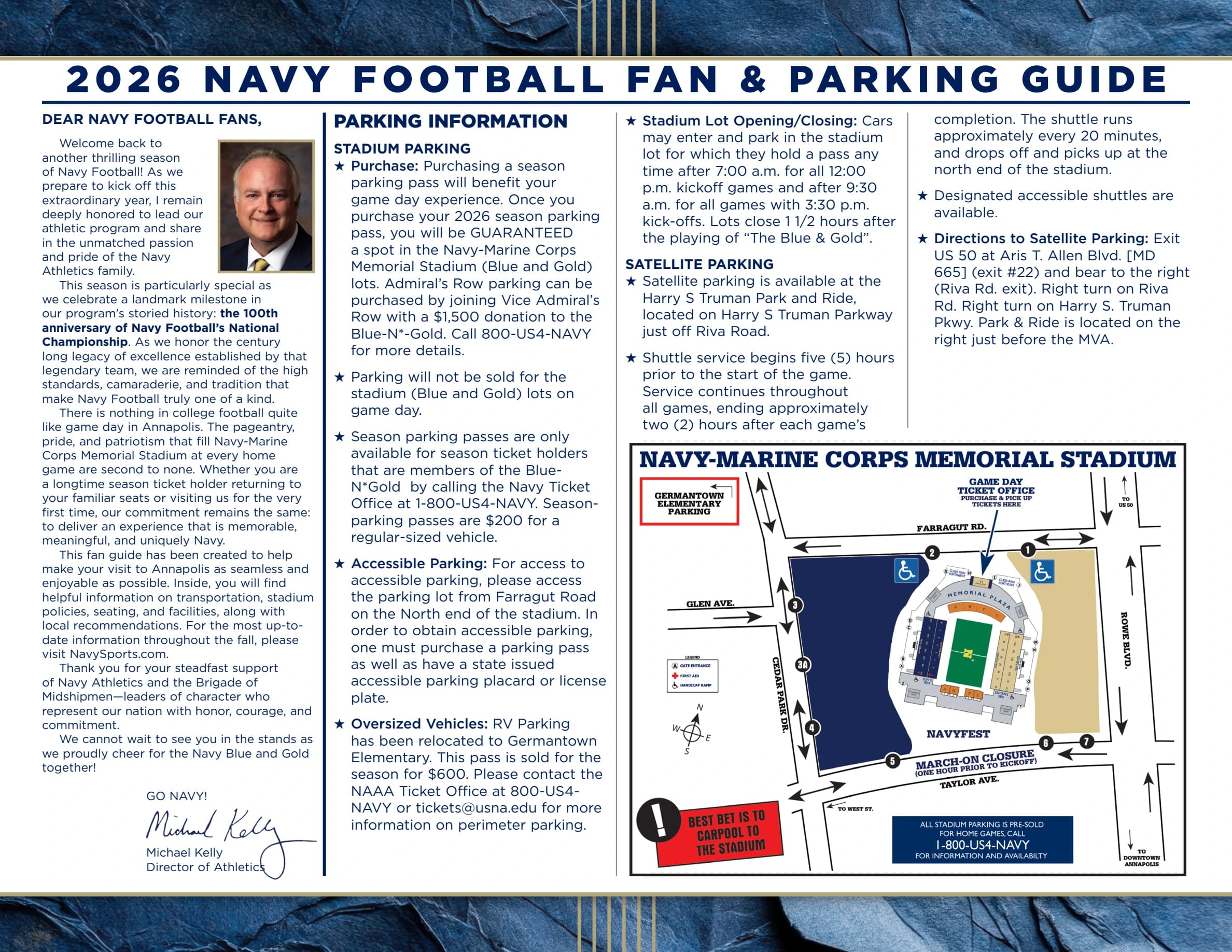 Navy-Marine Corps Memorial Stadium: Venue layout, Navy — official 2026 stadium parking and vehicle-gate plan. Use the original map for routes and visitor facilities.