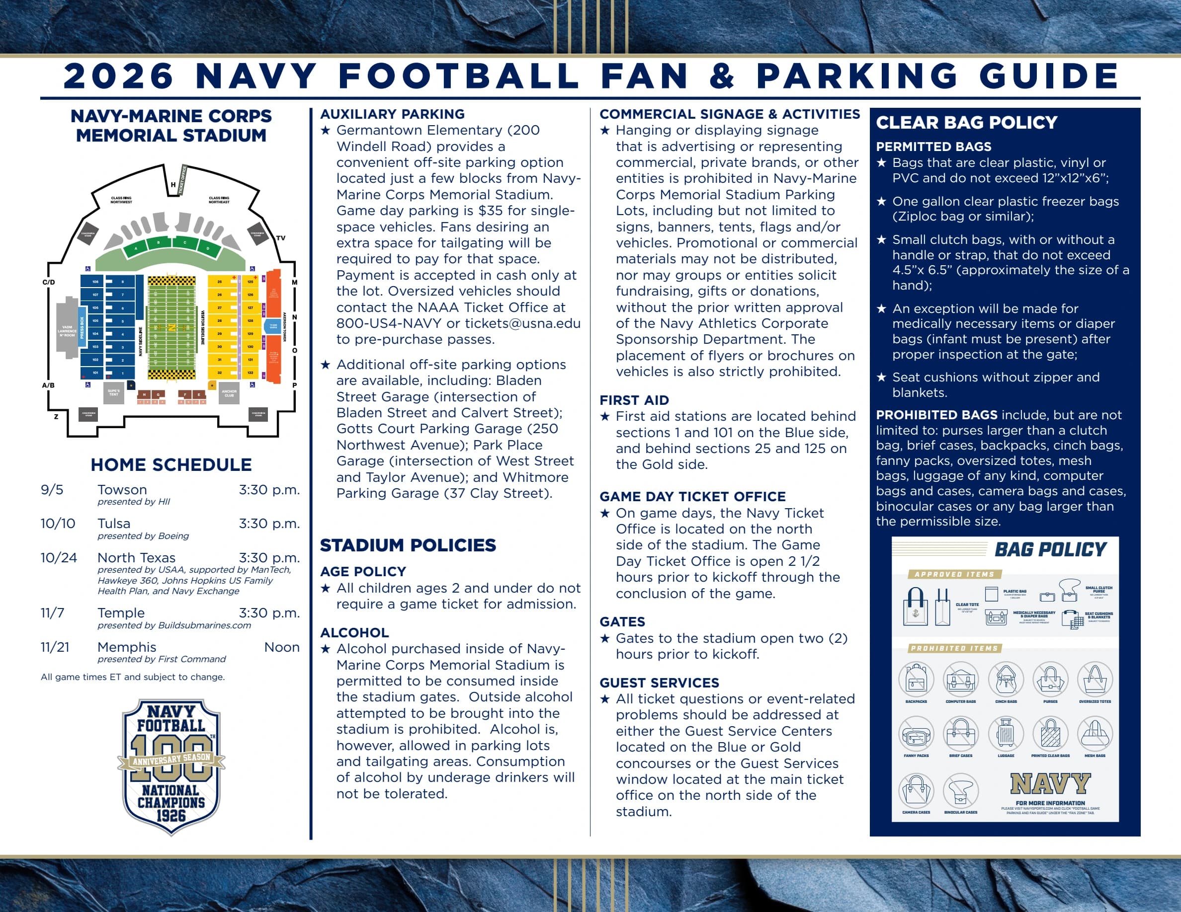 Navy-Marine Corps Memorial Stadium: Seating chart, Navy — official 2026 numbered-section and lettered-gate chart. Use the source chart for section and row details.