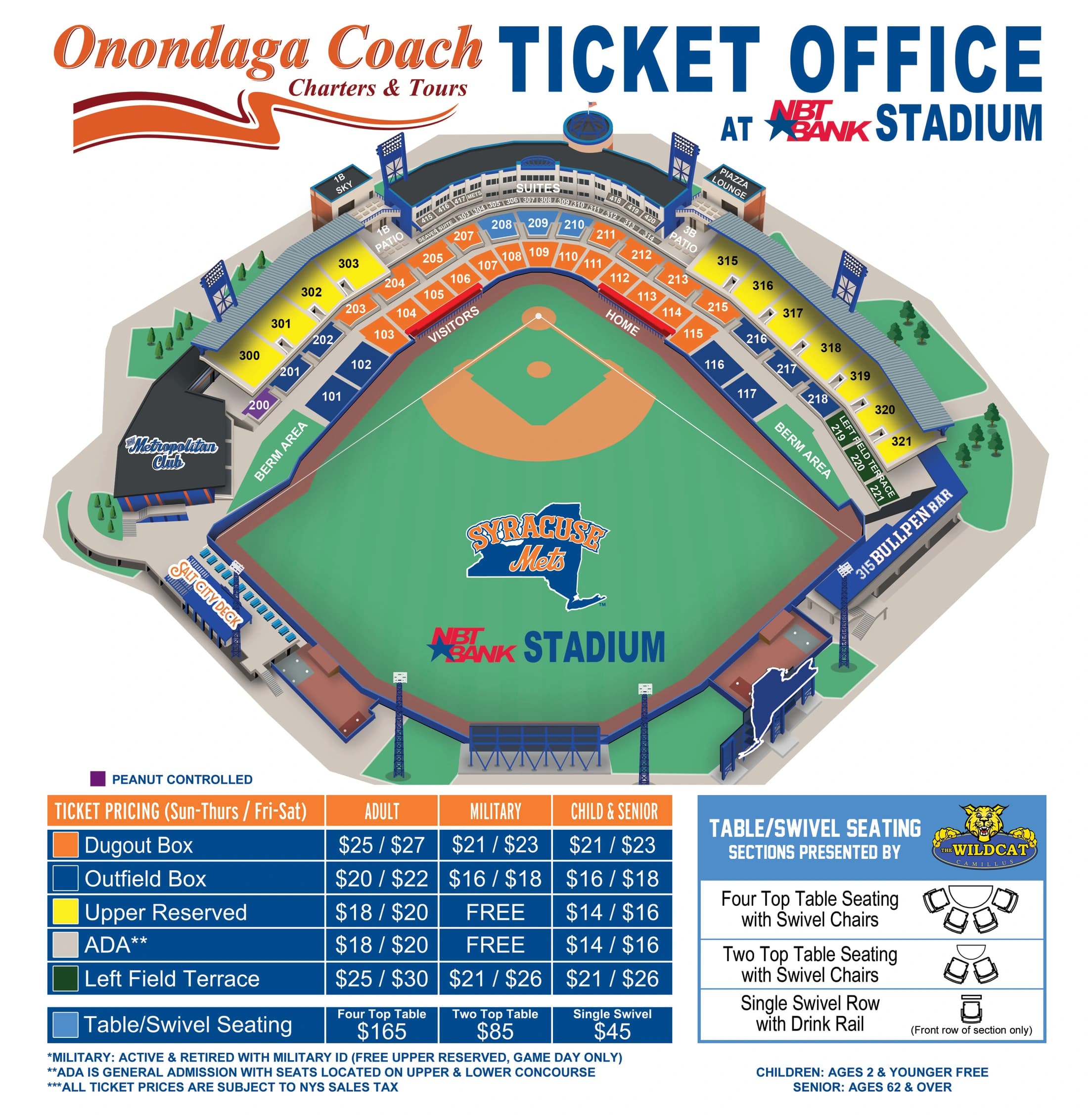 NBT Bank Stadium: Seating chart, Team bowl, section, terrace and table/swivel seating chart. Use the source chart for section and row details.
