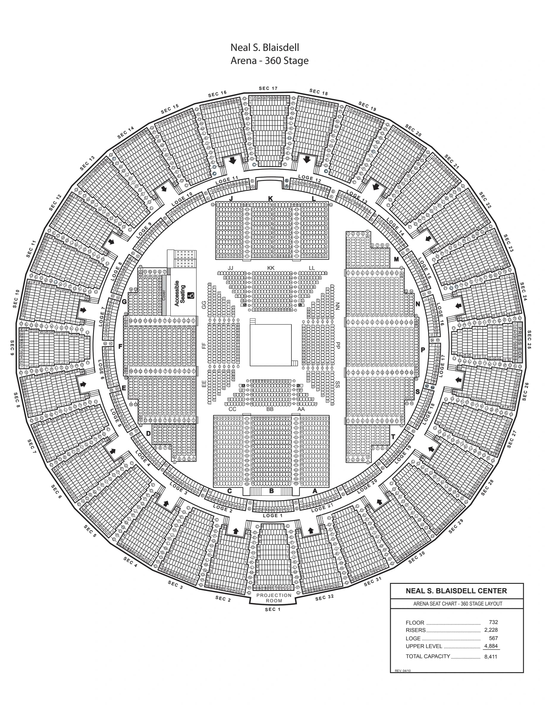 Neal S. Blaisdell Arena: Seating chart, Blaisdell Arena — official April 2026 360-stage configuration. Use the source chart for section and row details.