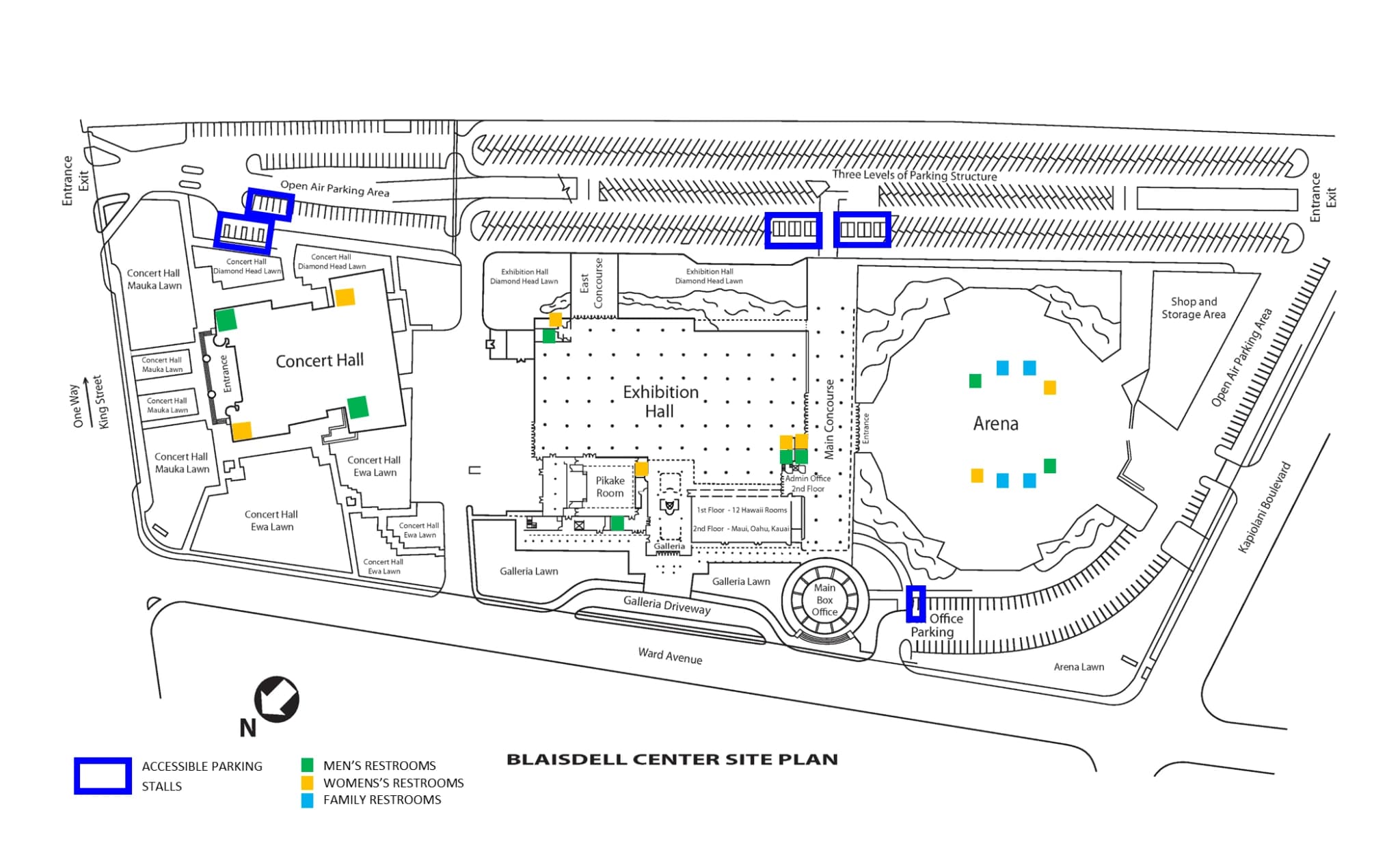 Neal S. Blaisdell Arena: Venue layout, Blaisdell Center — current-linked accessible parking and restroom plan. Use the original map for routes and visitor facilities.