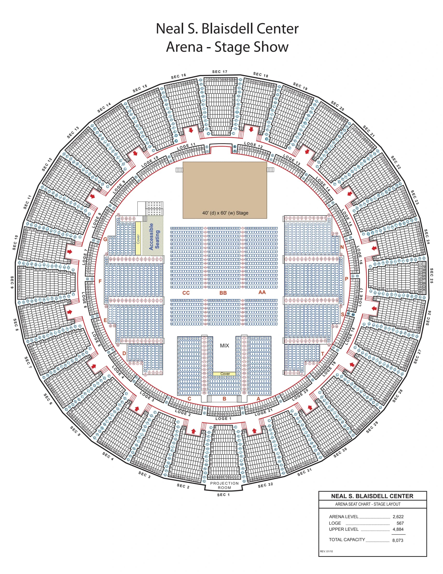 Neal S. Blaisdell Arena: Seating chart, Blaisdell Arena — official April 2026 end-stage configuration. Use the source chart for section and row details.