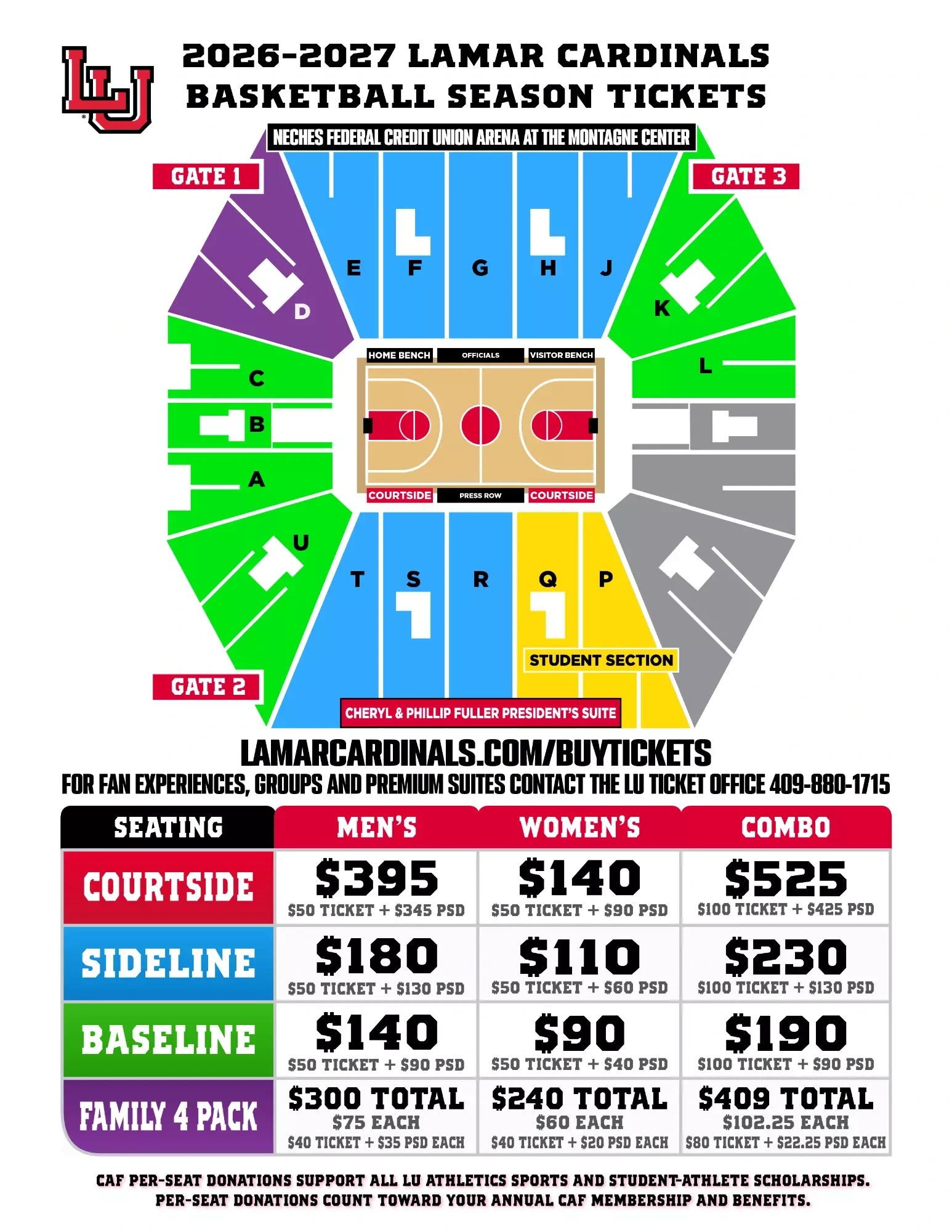 Neches Federal Credit Union Arena at the Montagne Center: Seating chart, 2026–27 basketball season-ticket chart · gates, benches and categories. Use the source chart for section and row details.