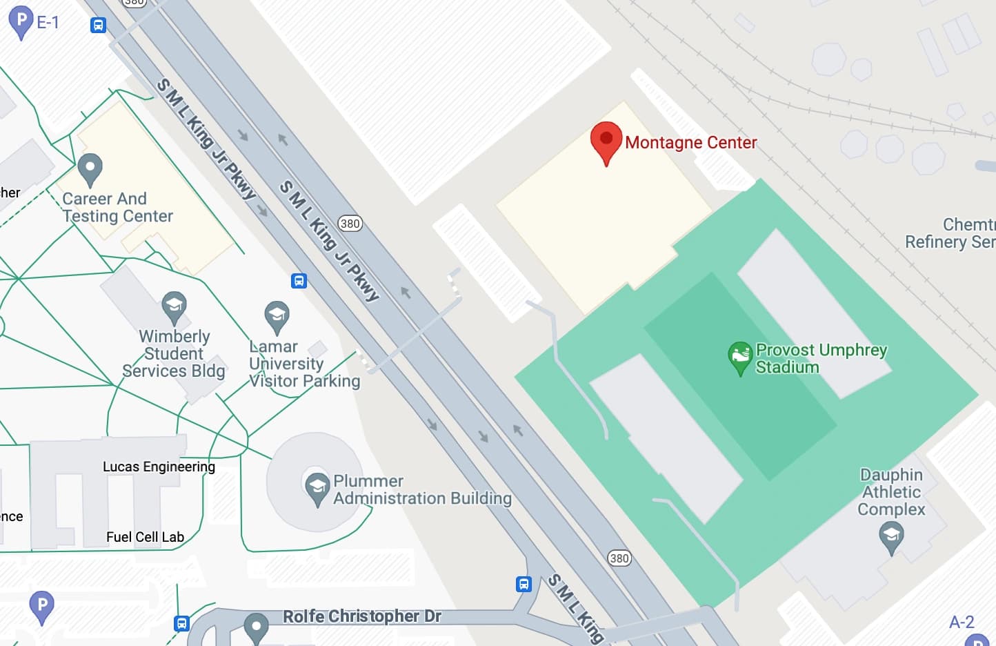 Neches Federal Credit Union Arena at the Montagne Center: Venue layout, Owner location reference · Montagne Center and S. MLK Jr. Parkway. Use the original map for routes and visitor facilities.
