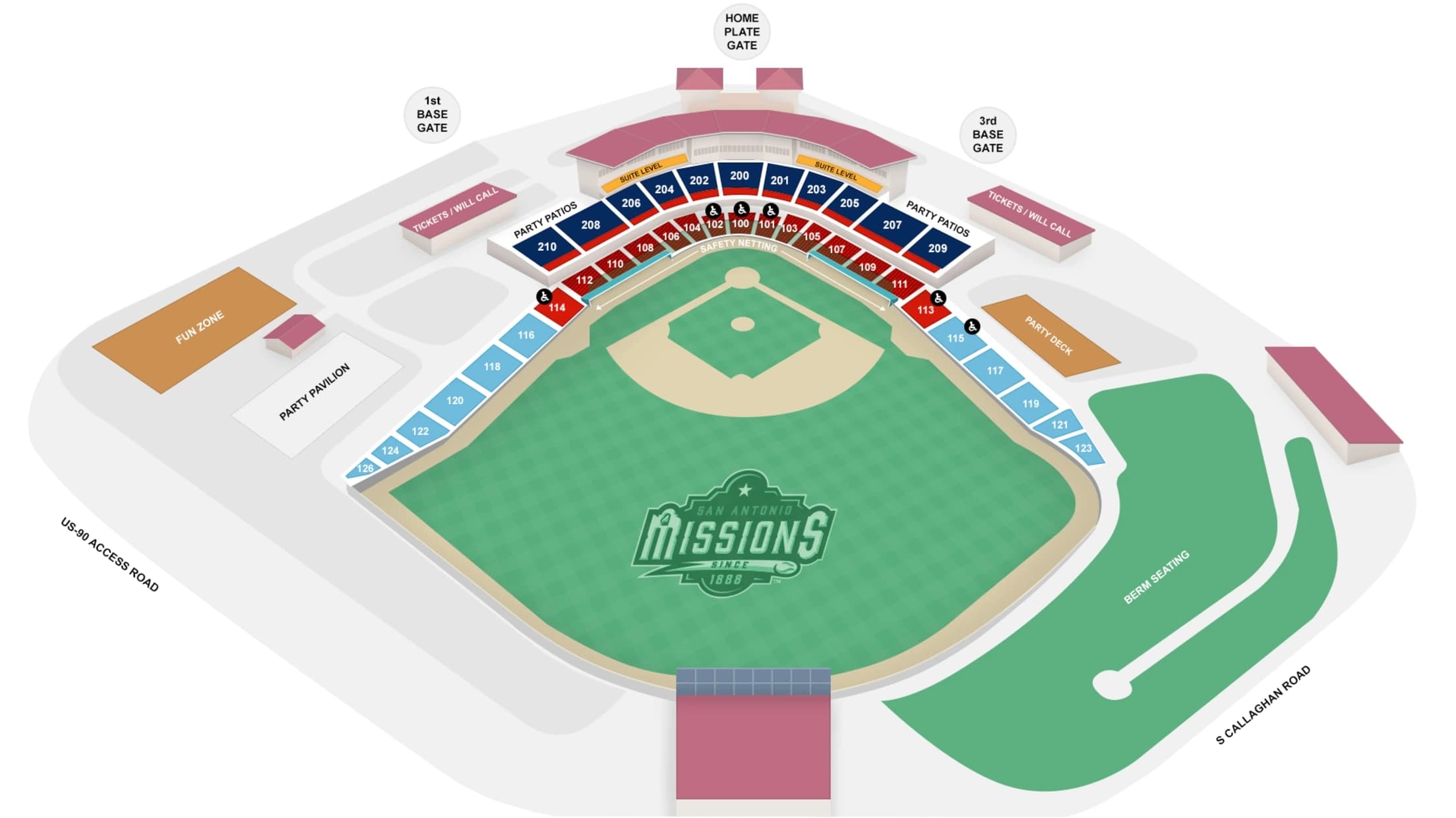 Nelson Wolff Stadium: Seating chart, Baseball · Nelson Wolff Stadium sections, berm and gates. Use the source chart for section and row details.