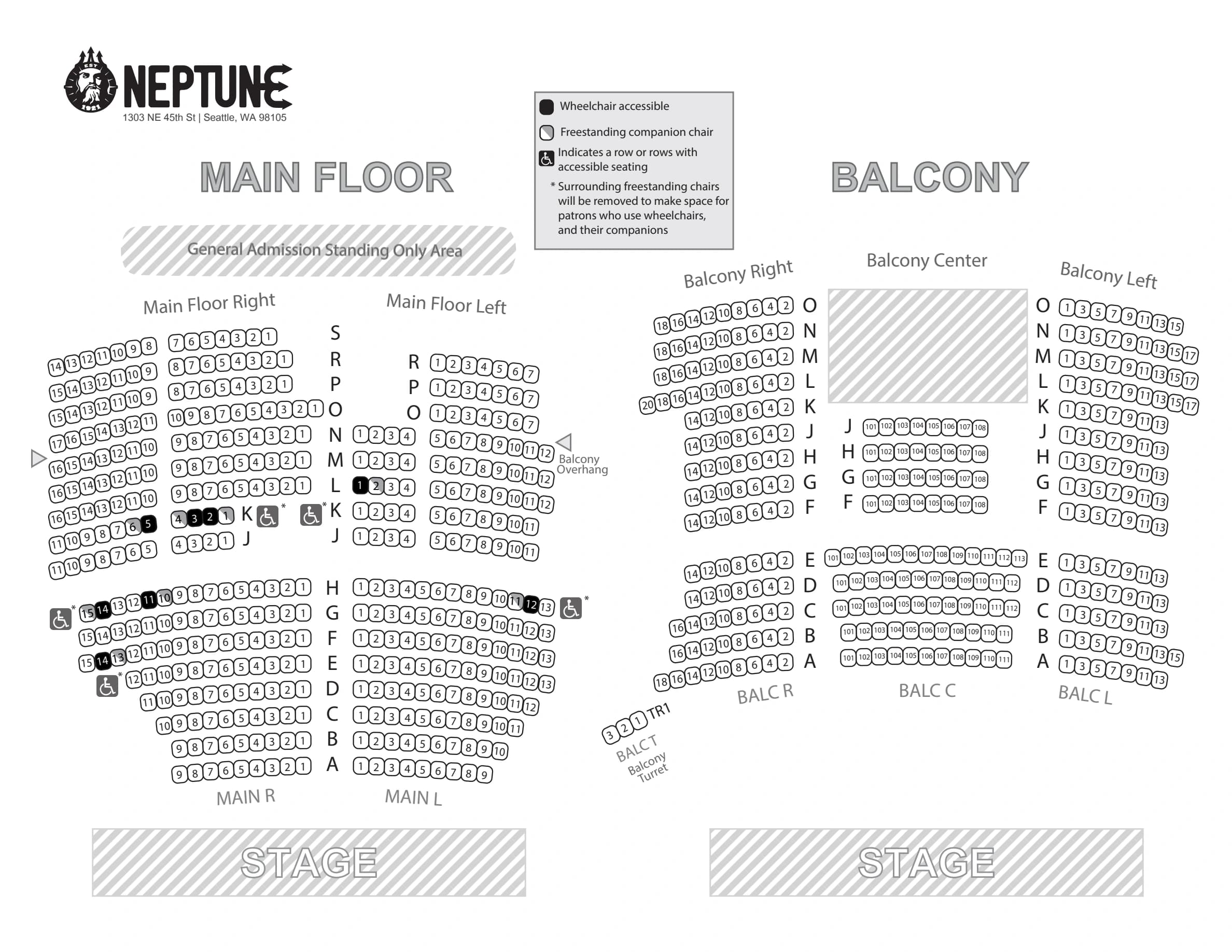 Neptune Theatre: Seating chart, Neptune Theatre — reserved main floor and balcony. Use the source chart for section and row details.
