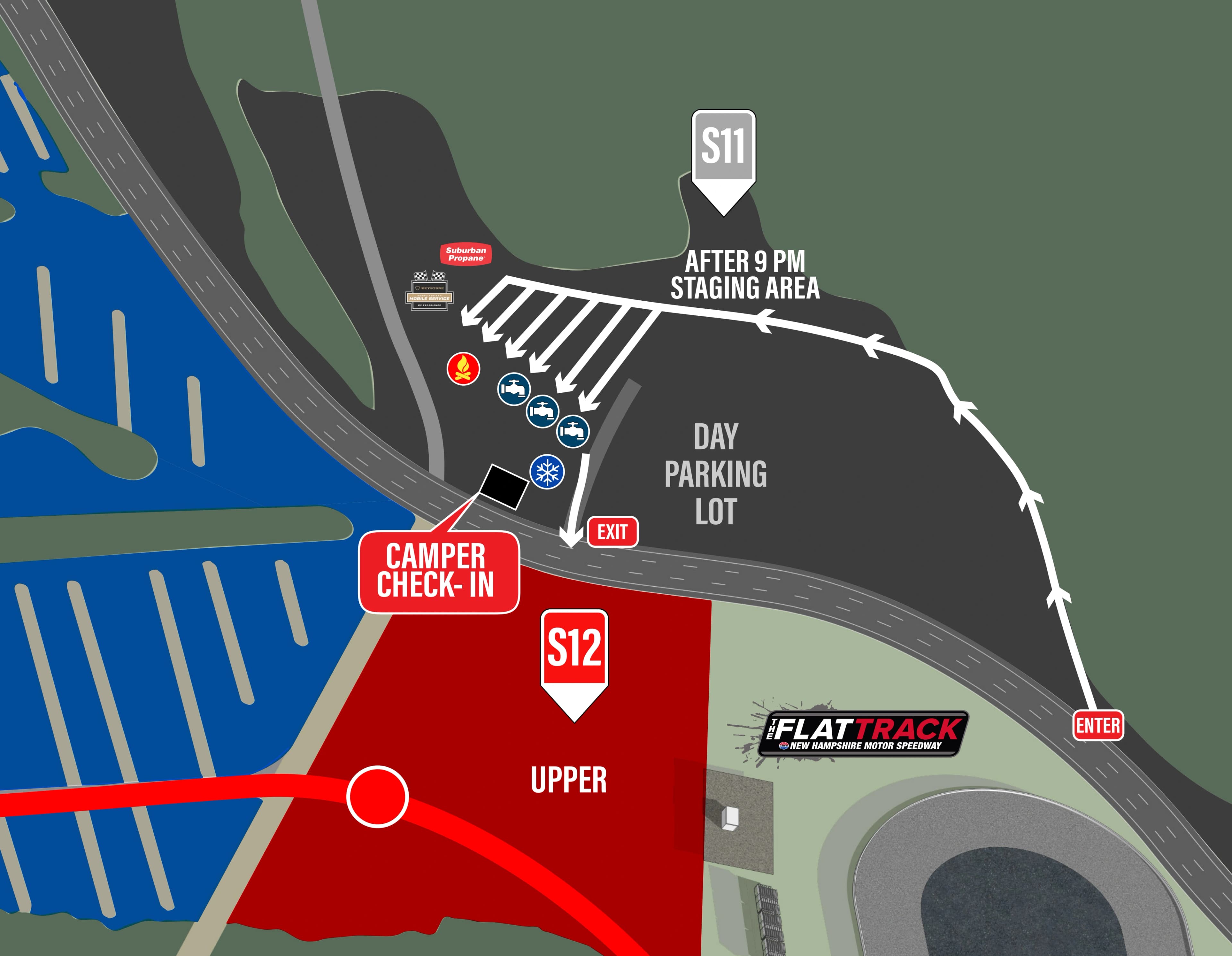 New Hampshire Motor Speedway: Venue layout, NHMS · June 2026 camper check-in and late-arrival staging. Use the original map for routes and visitor facilities.