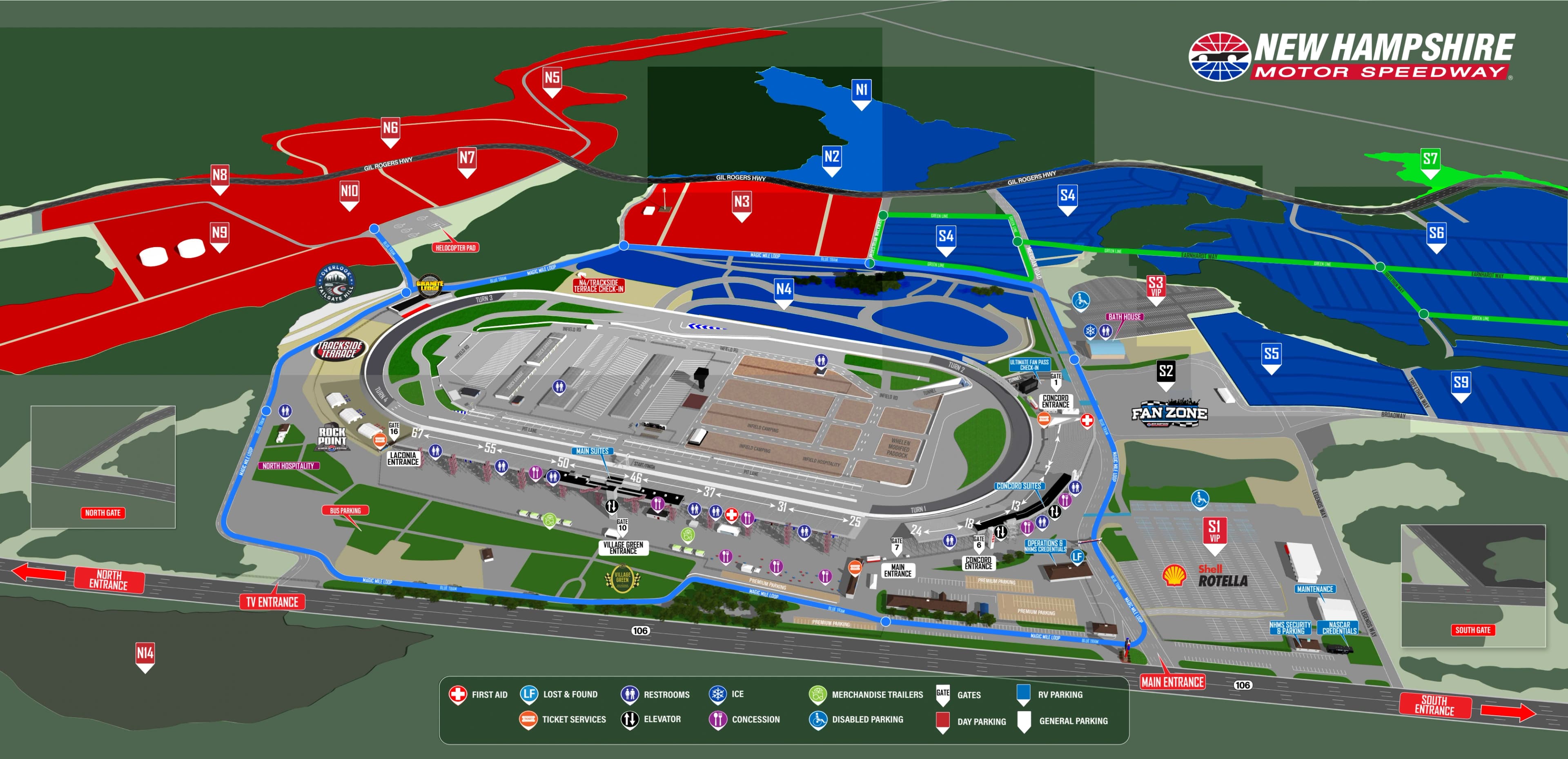 New Hampshire Motor Speedway: Venue layout, NHMS · June 2026 track-area gates, grandstands and services. Use the original map for routes and visitor facilities.