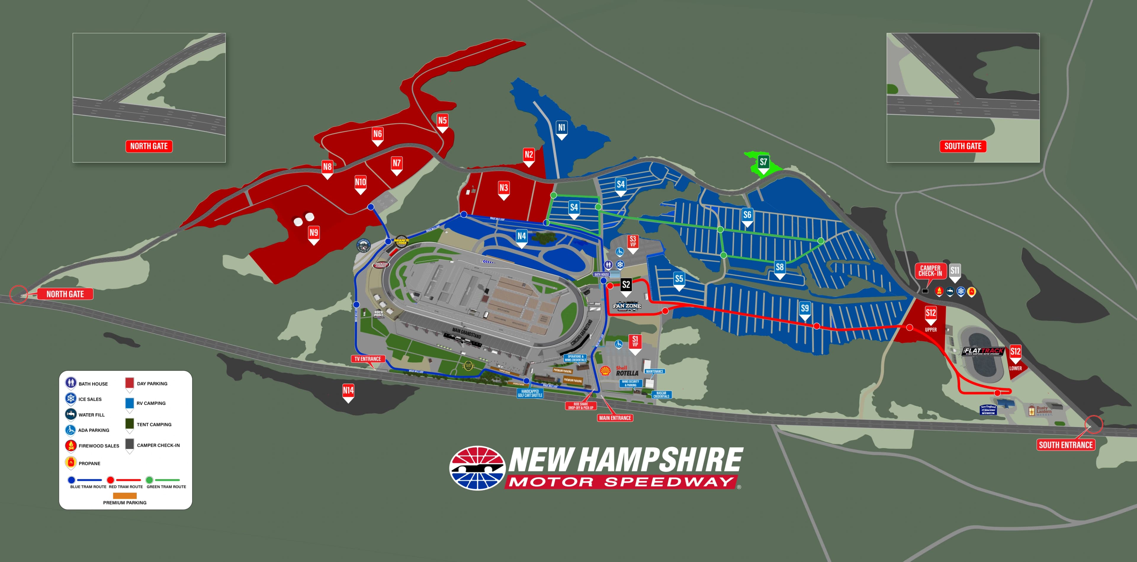 New Hampshire Motor Speedway: Venue layout, NHMS · June 2026 full-property parking, camping and tram reference. Use the original map for routes and visitor facilities.