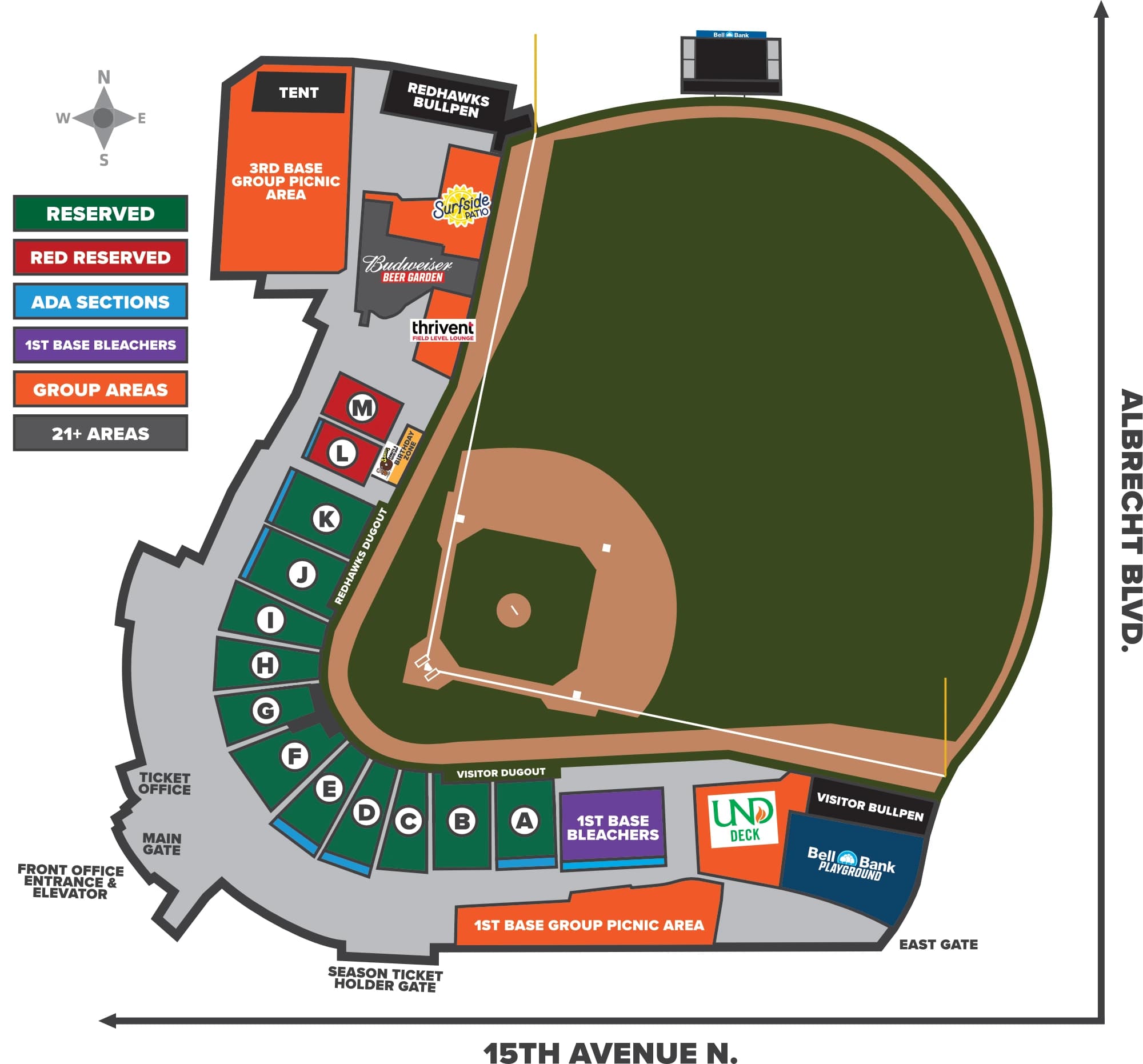 Newman Outdoor Field: Seating chart, Newman Outdoor Field — official RedHawks 2026 seating and amenity diagram. Use the source chart for section and row details.
