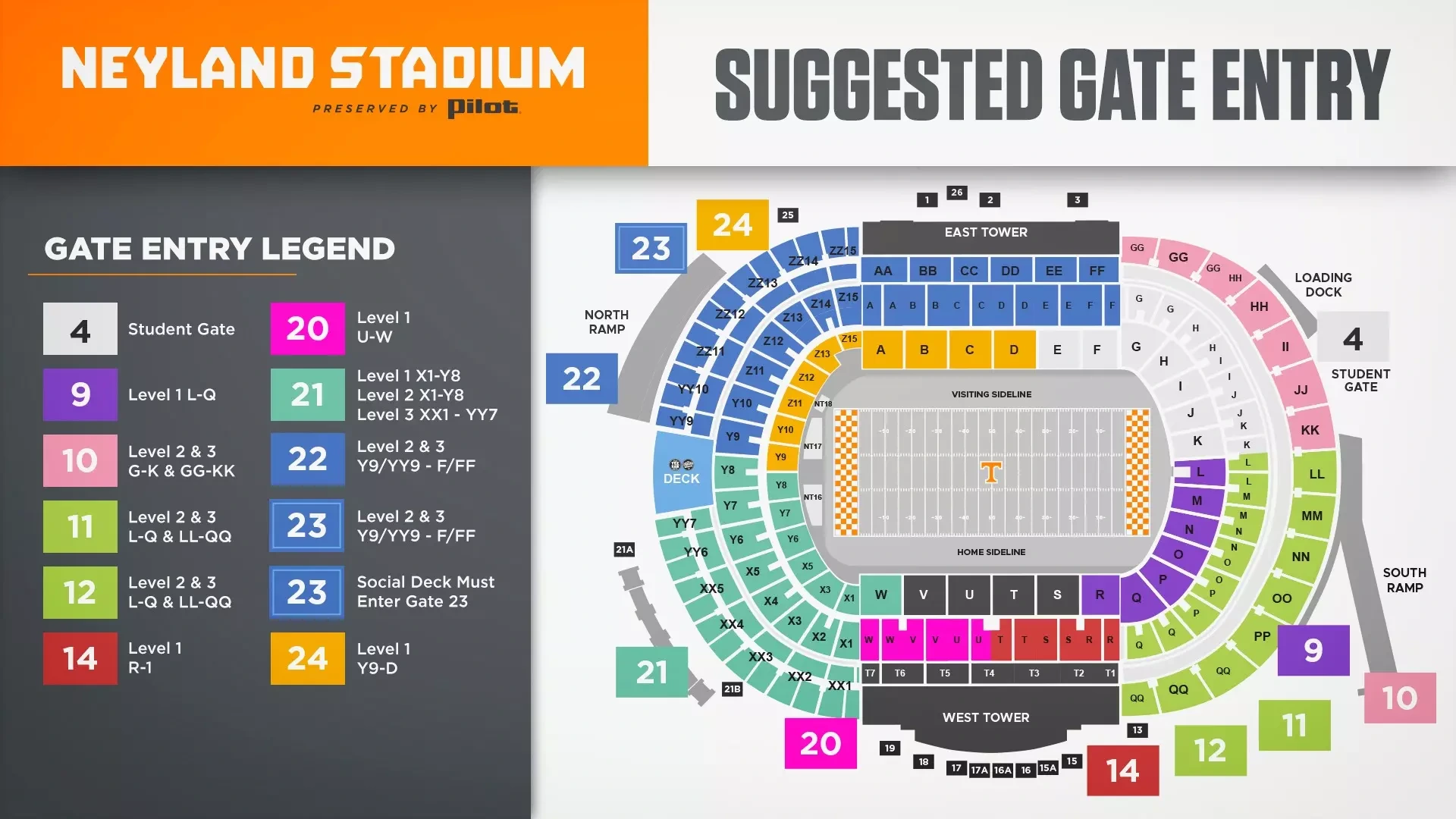 Neyland Stadium: Seating chart, Neyland Stadium — official 2026 sections and suggested entry gates. Use the source chart for section and row details.