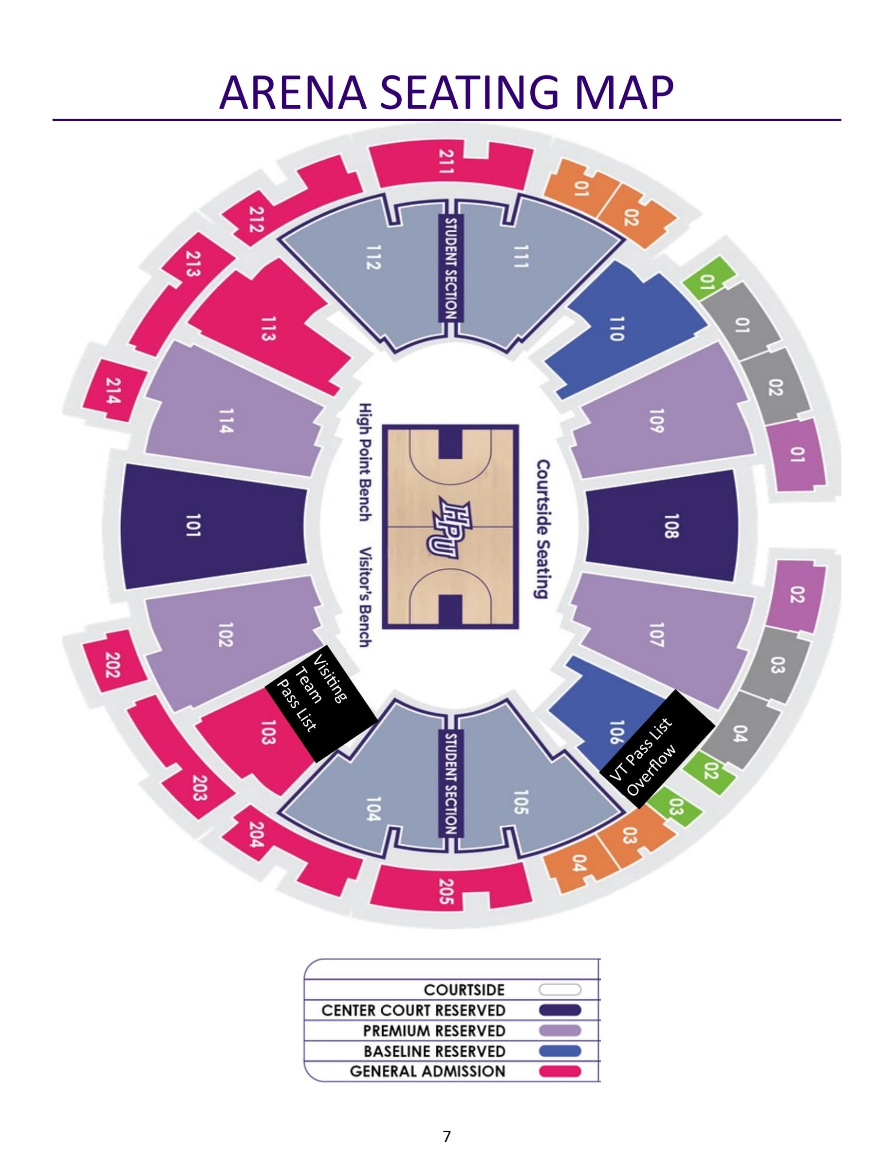 Nido & Mariana Qubein Arena and Conference Center: Seating chart, Qubein Arena — 2023–24 basketball visiting-team guide. Use the source chart for section and row details.