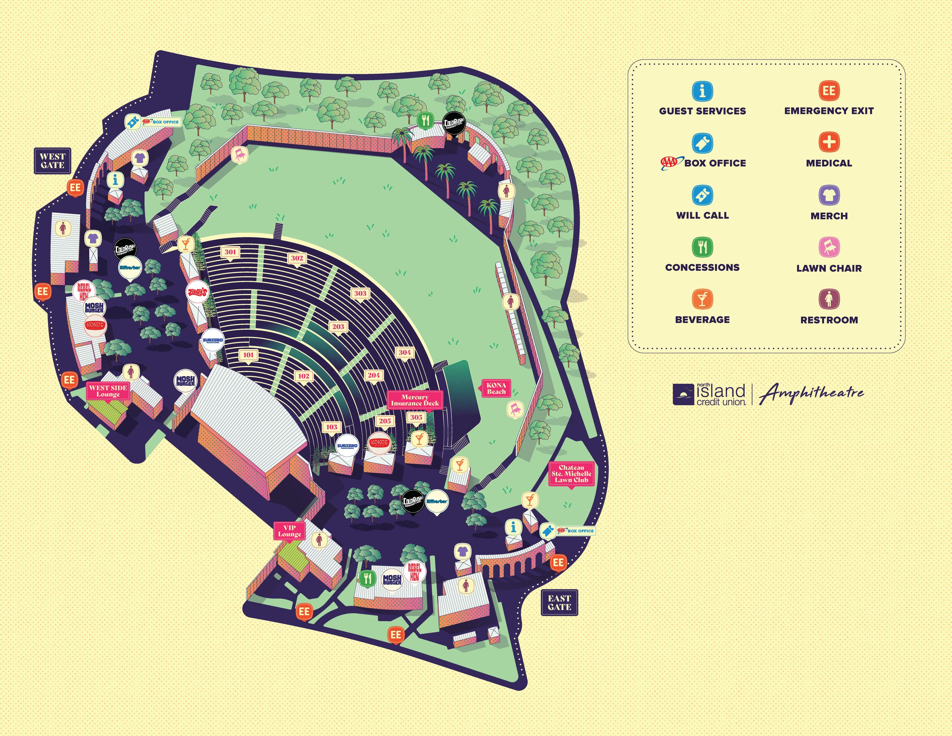 North Island Credit Union Amphitheatre: Venue layout, North Island Credit Union Amphitheatre — gates, sections and amenities. Use the original map for routes and visitor facilities.