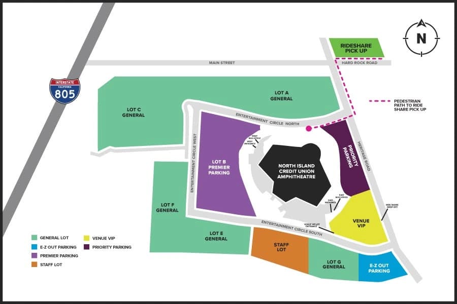 North Island Credit Union Amphitheatre: Venue layout, North Island Credit Union Amphitheatre — parking and rideshare route. Use the original map for routes and visitor facilities.