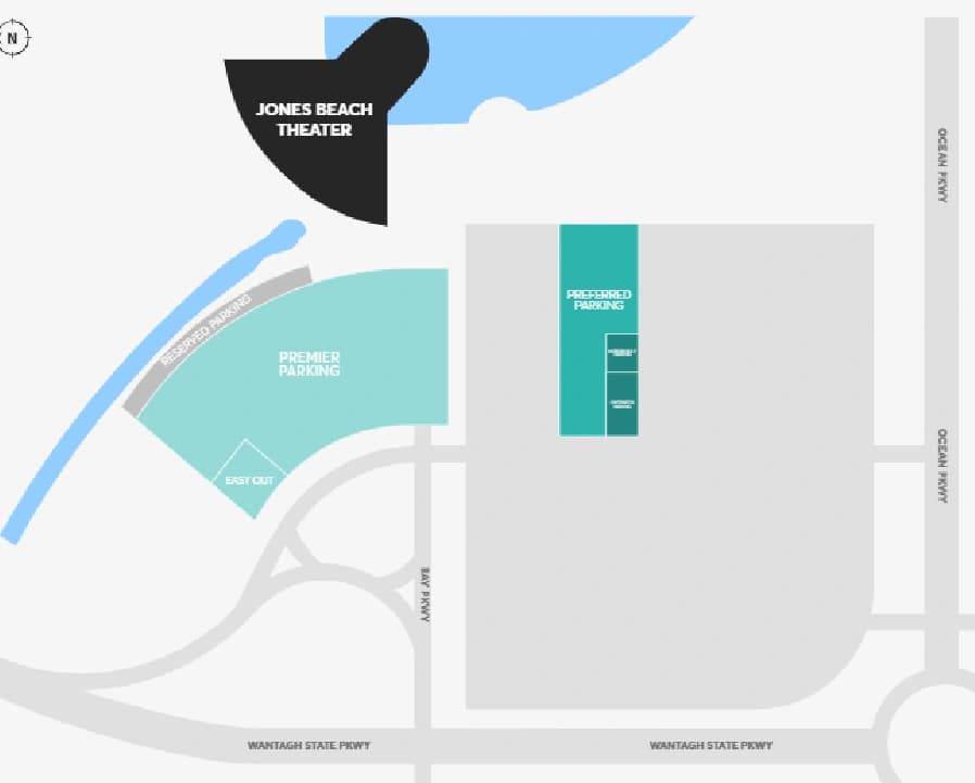 Northwell Health at Jones Beach Theater: Venue layout, Jones Beach · general, preferred and VIP parking. Use the original map for routes and visitor facilities.