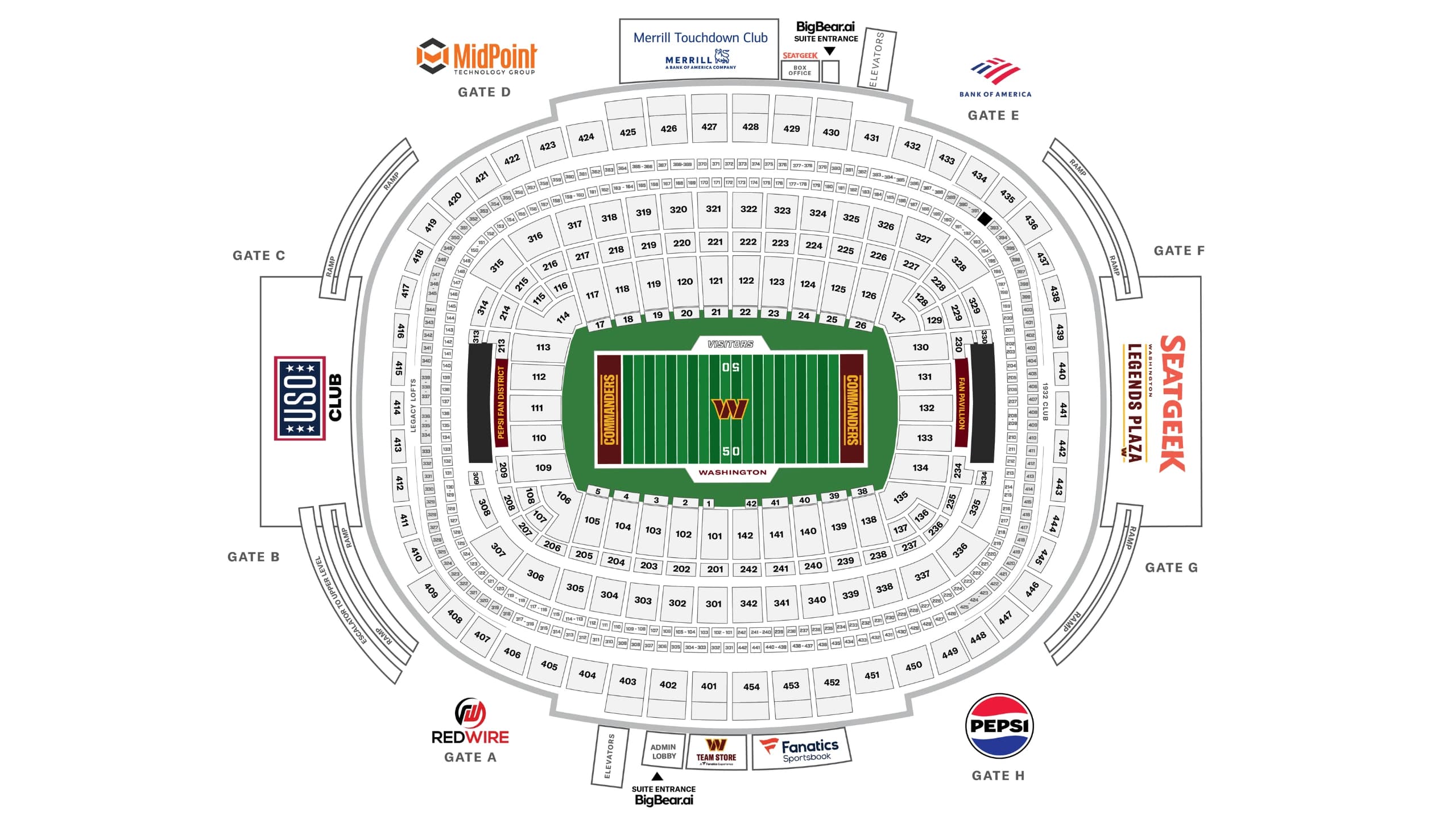 Northwest Stadium: Seating chart, Northwest Stadium — football sections and entrance orientation. Use the source chart for section and row details.