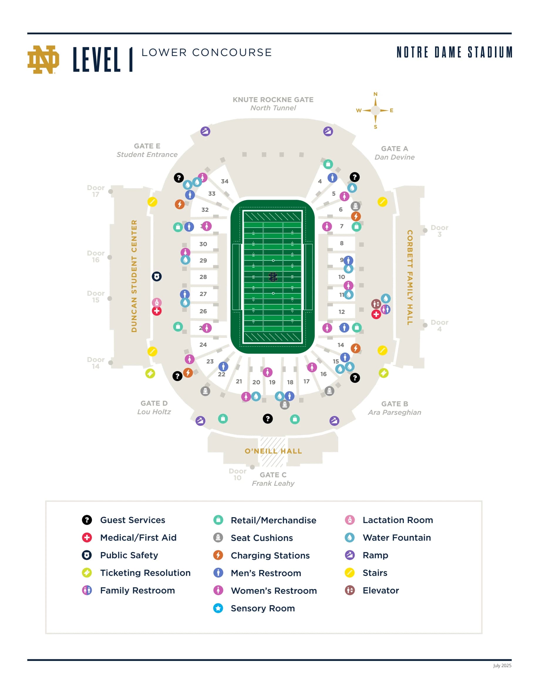 Notre Dame Stadium: Seating chart, Notre Dame Stadium — official lower-concourse sections and amenities. Use the source chart for section and row details.