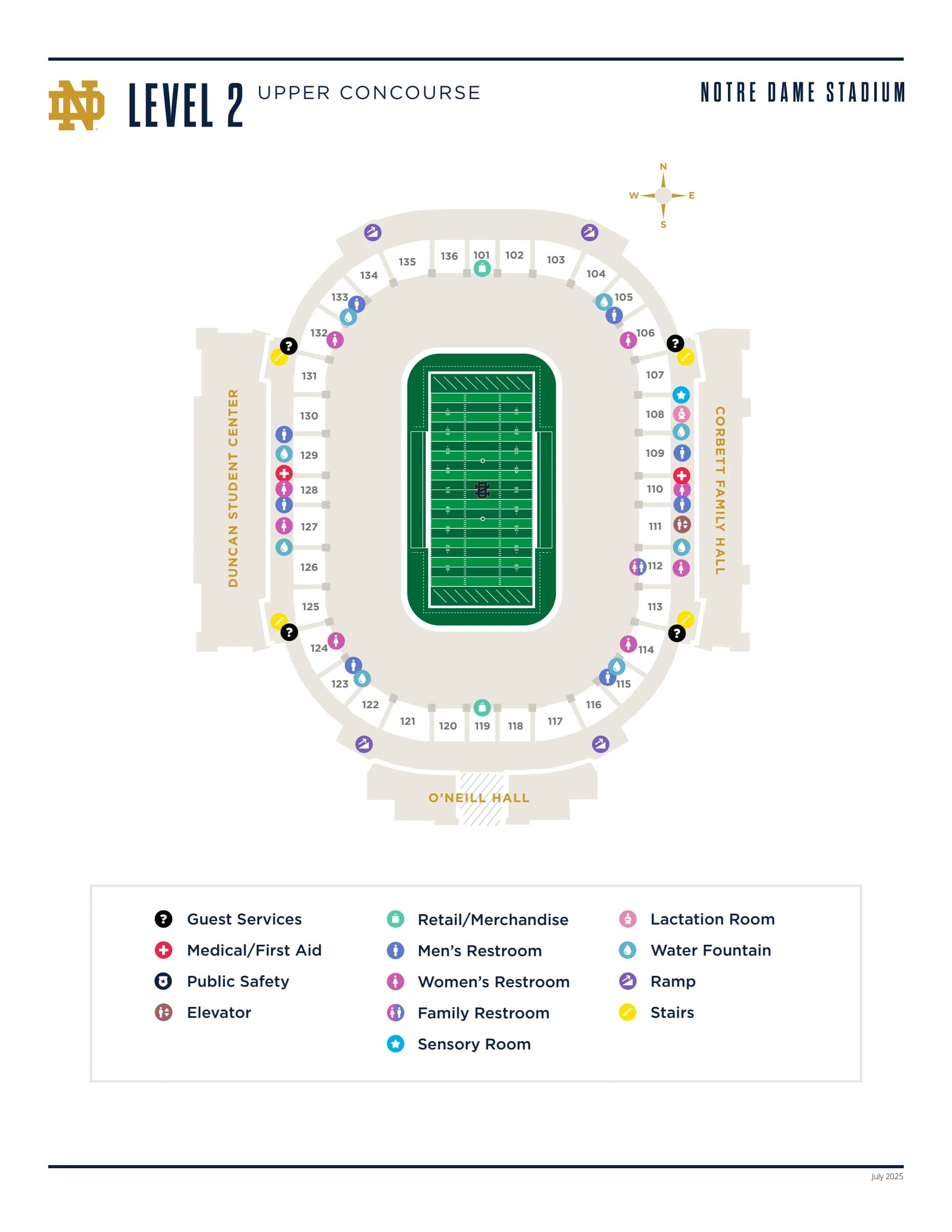 Notre Dame Stadium: Seating chart, Notre Dame Stadium — official upper-concourse sections and amenities. Use the source chart for section and row details.