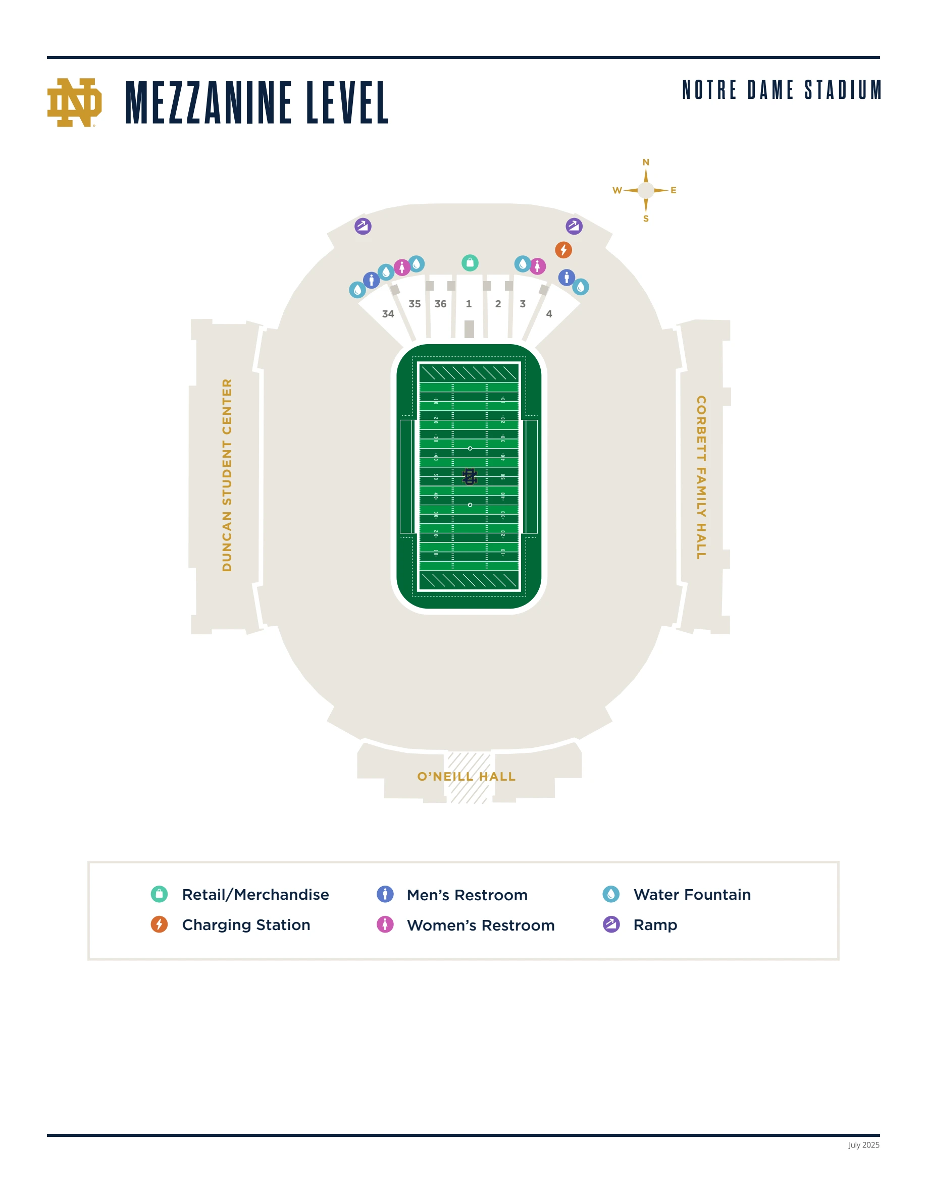 Notre Dame Stadium: Venue layout, Notre Dame Stadium — official mezzanine amenity plan. Use the original map for routes and visitor facilities.
