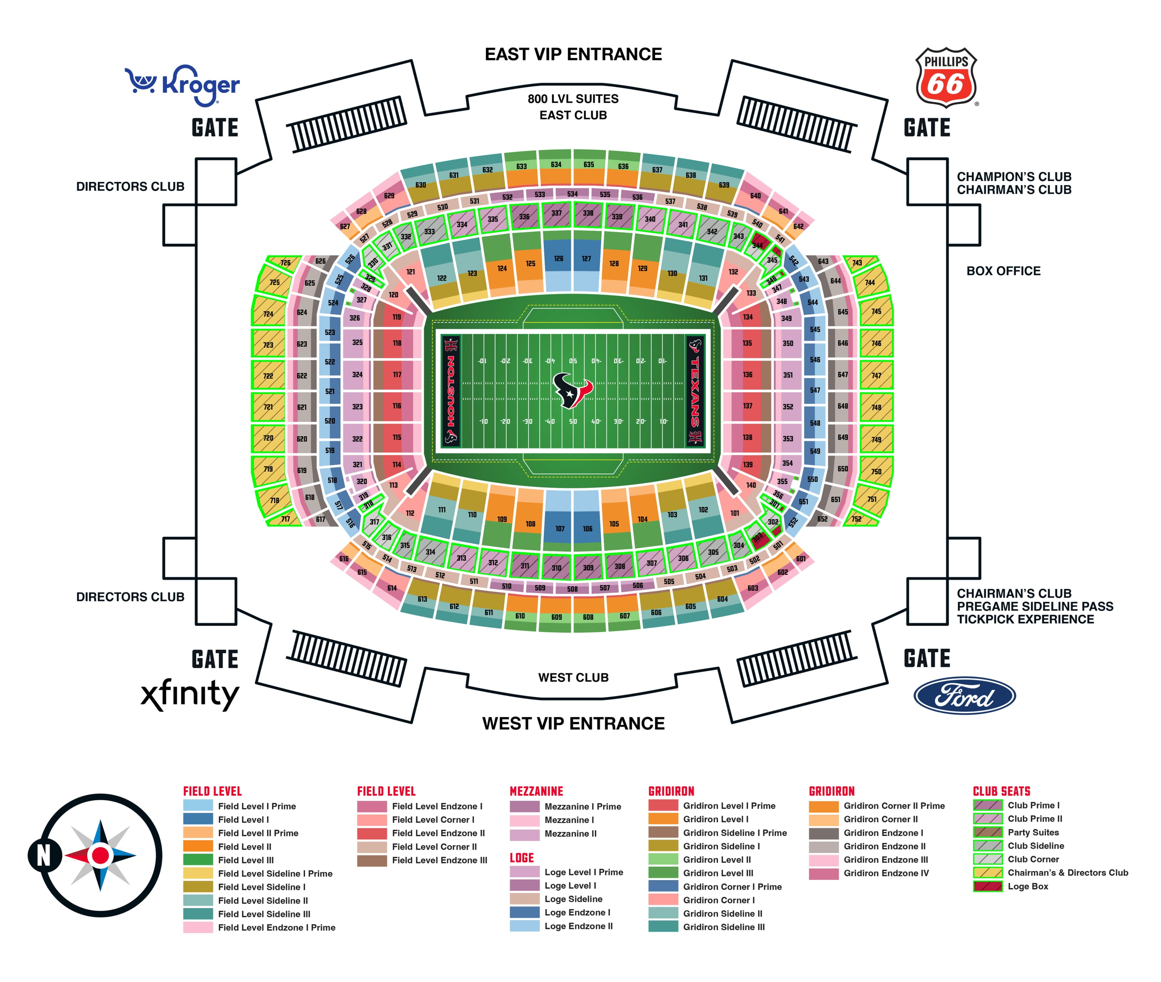 NRG Stadium: Seating chart, NRG Stadium — Texans football bowl and premium areas. Use the source chart for section and row details.