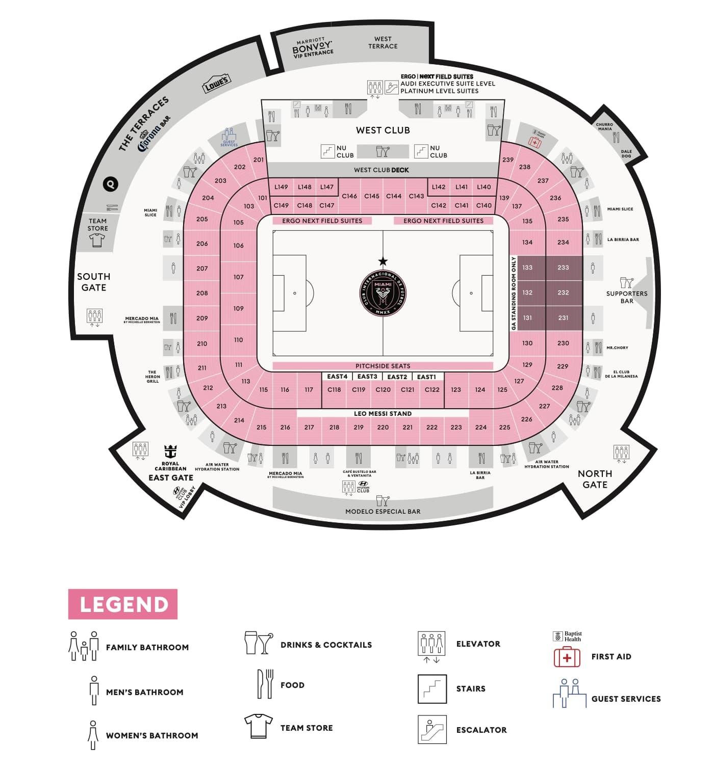 Nu Stadium: Venue layout, 2026 NU Stadium — soccer sections and concourse amenities. Use the original map for routes and visitor facilities.