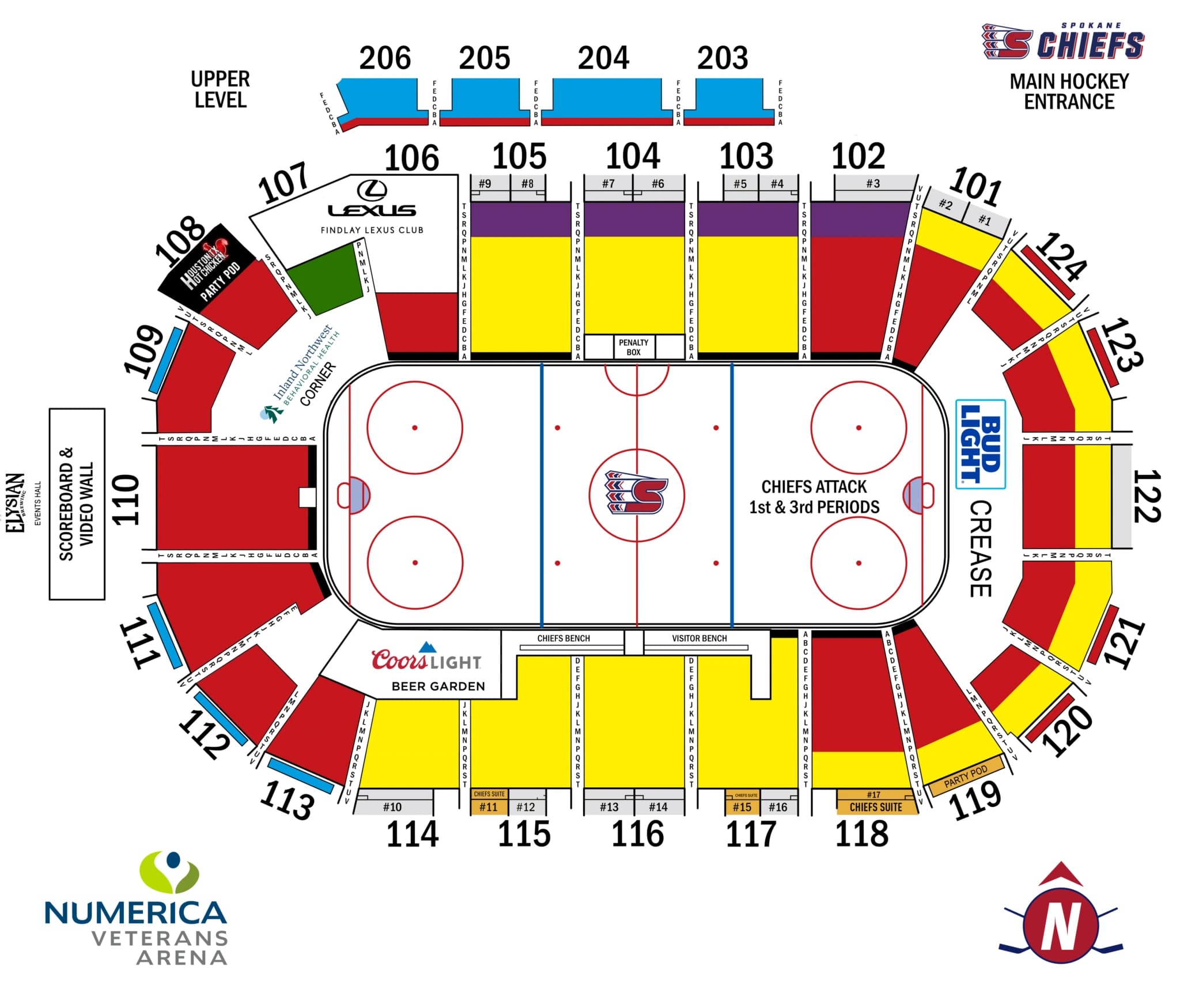 Numerica Veterans Arena: Seating chart, Numerica Veterans Arena — Chiefs standard hockey chart. Use the source chart for section and row details.
