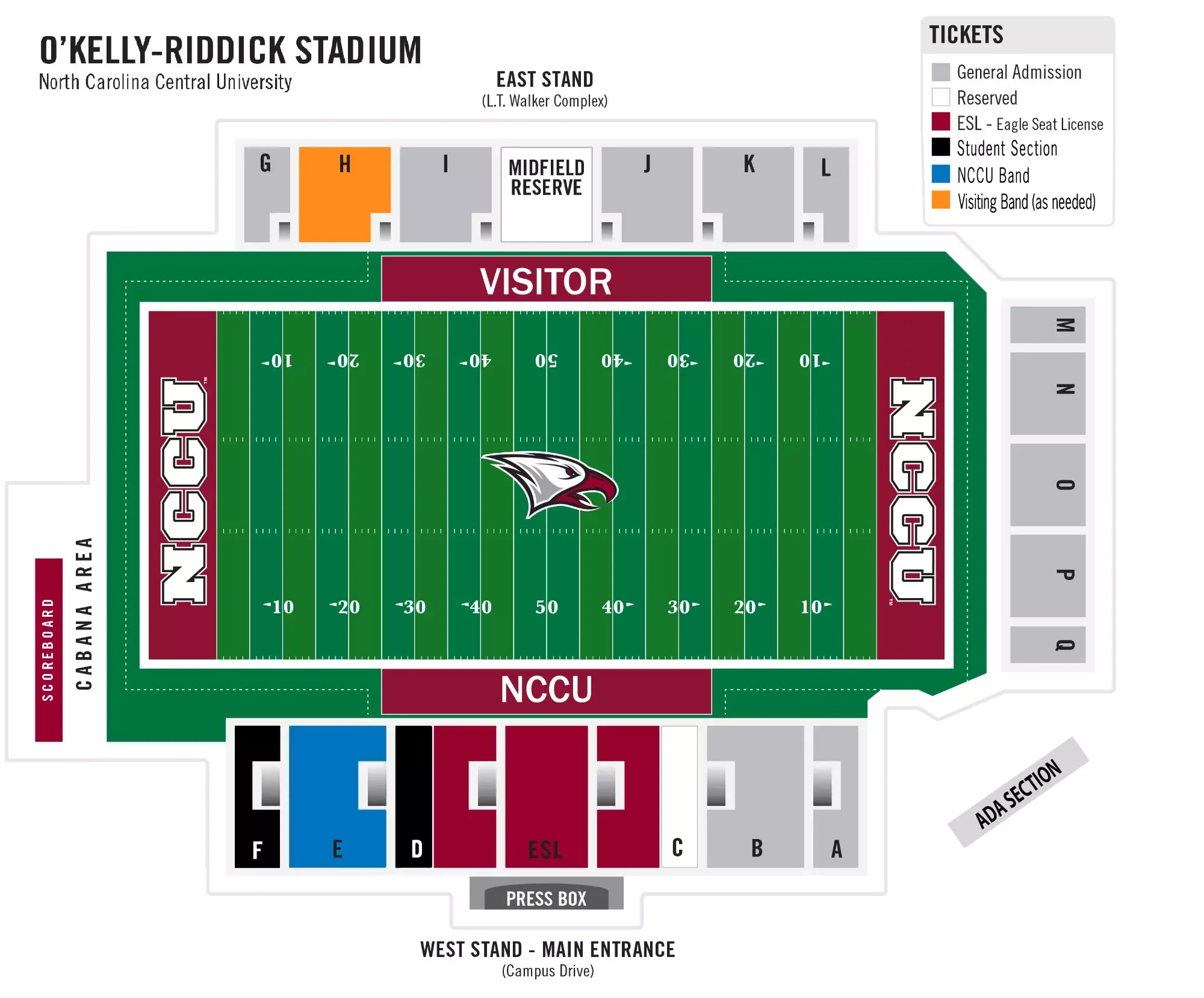 O'Kelly–Riddick Stadium: Seating chart, Football sections and ticket categories — owner’s 2026 facility chart. Use the source chart for section and row details.
