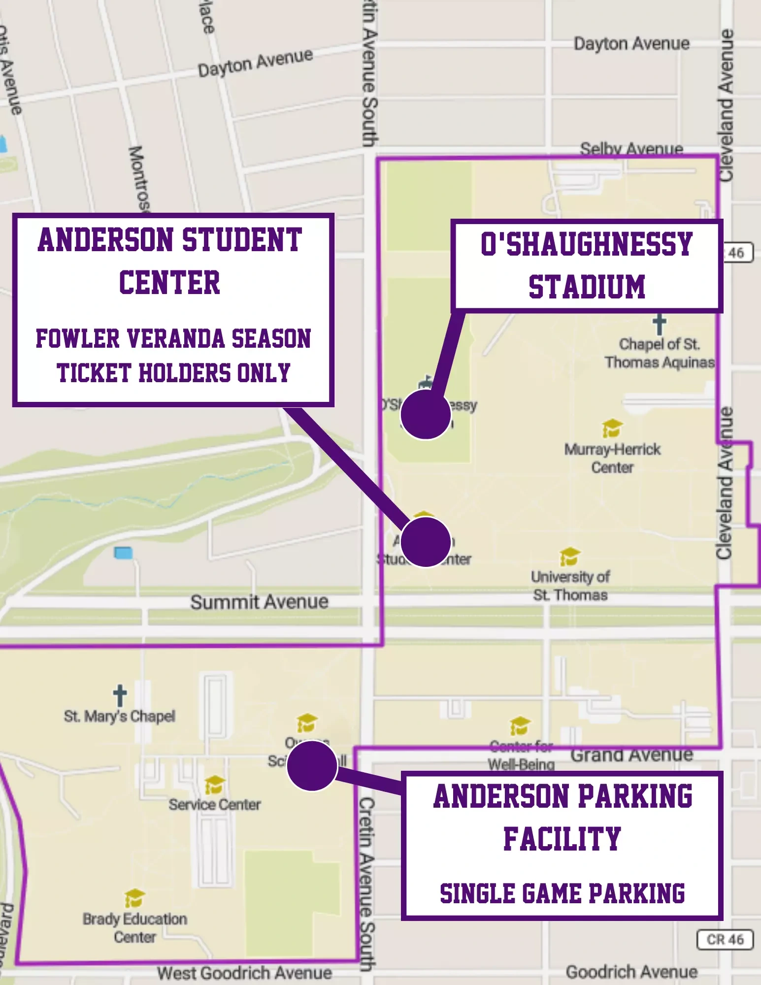 Palmer Field at O'Shaughnessy Stadium: Venue layout, St. Thomas — official current-linked 2023 football parking plan. Use the original map for routes and visitor facilities.