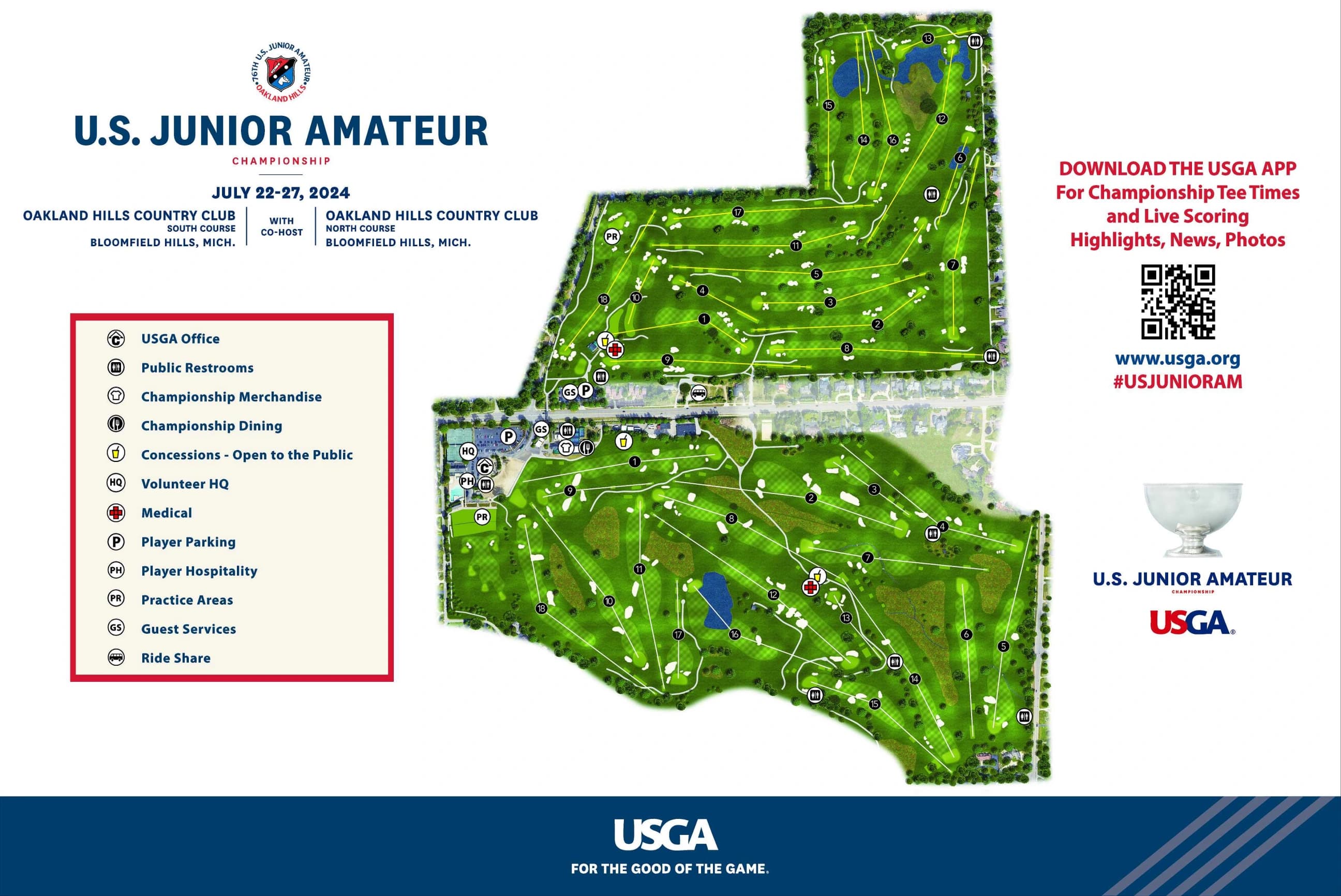 Oakland Hills South Course: Venue layout, Oakland Hills · July 2024 South/North course and event reference. Use the original map for routes and visitor facilities.