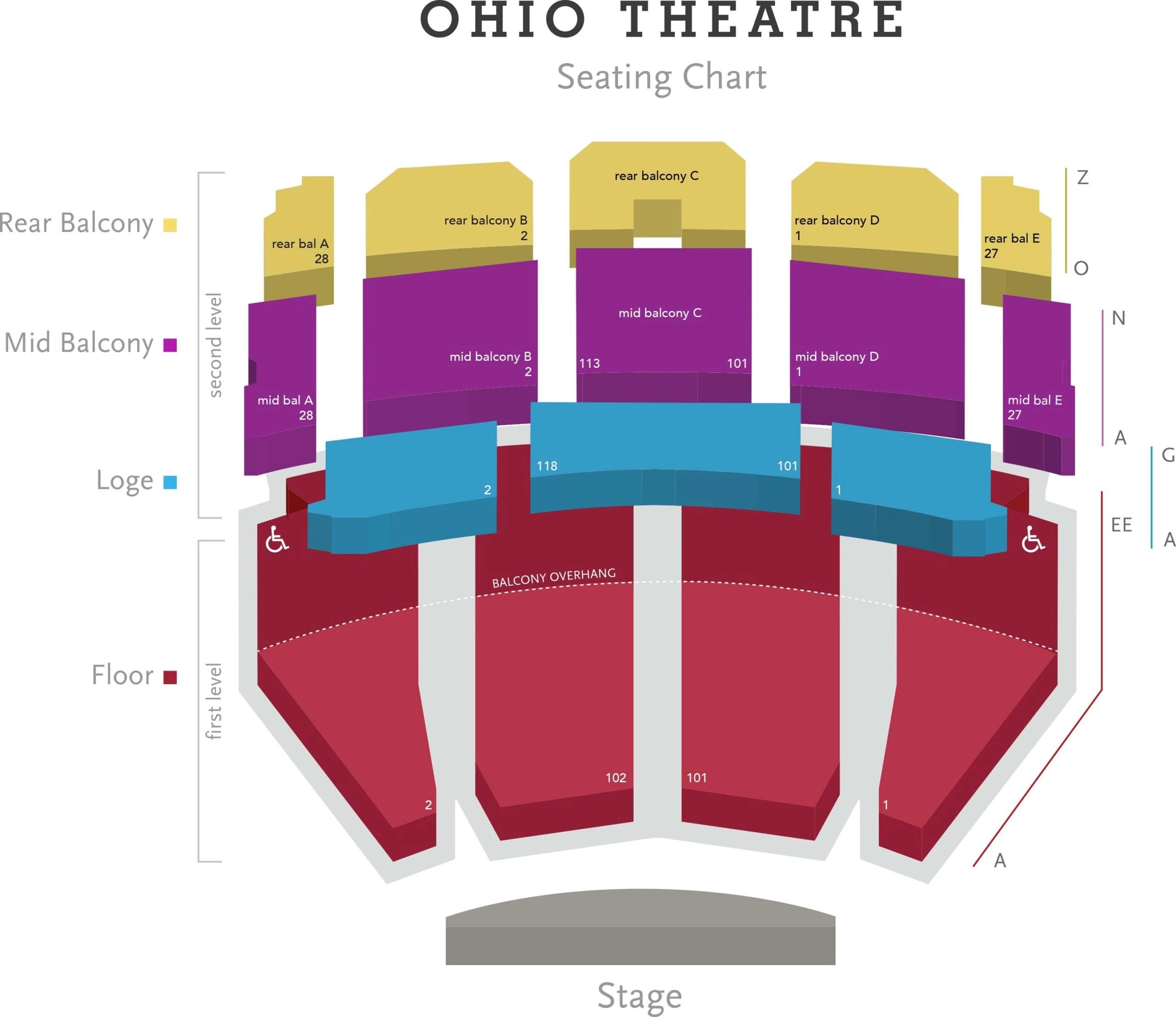 Ohio Theatre: Seating chart, Section and row reference · Ohio Theatre floor, loge and balcony. Use the source chart for section and row details.