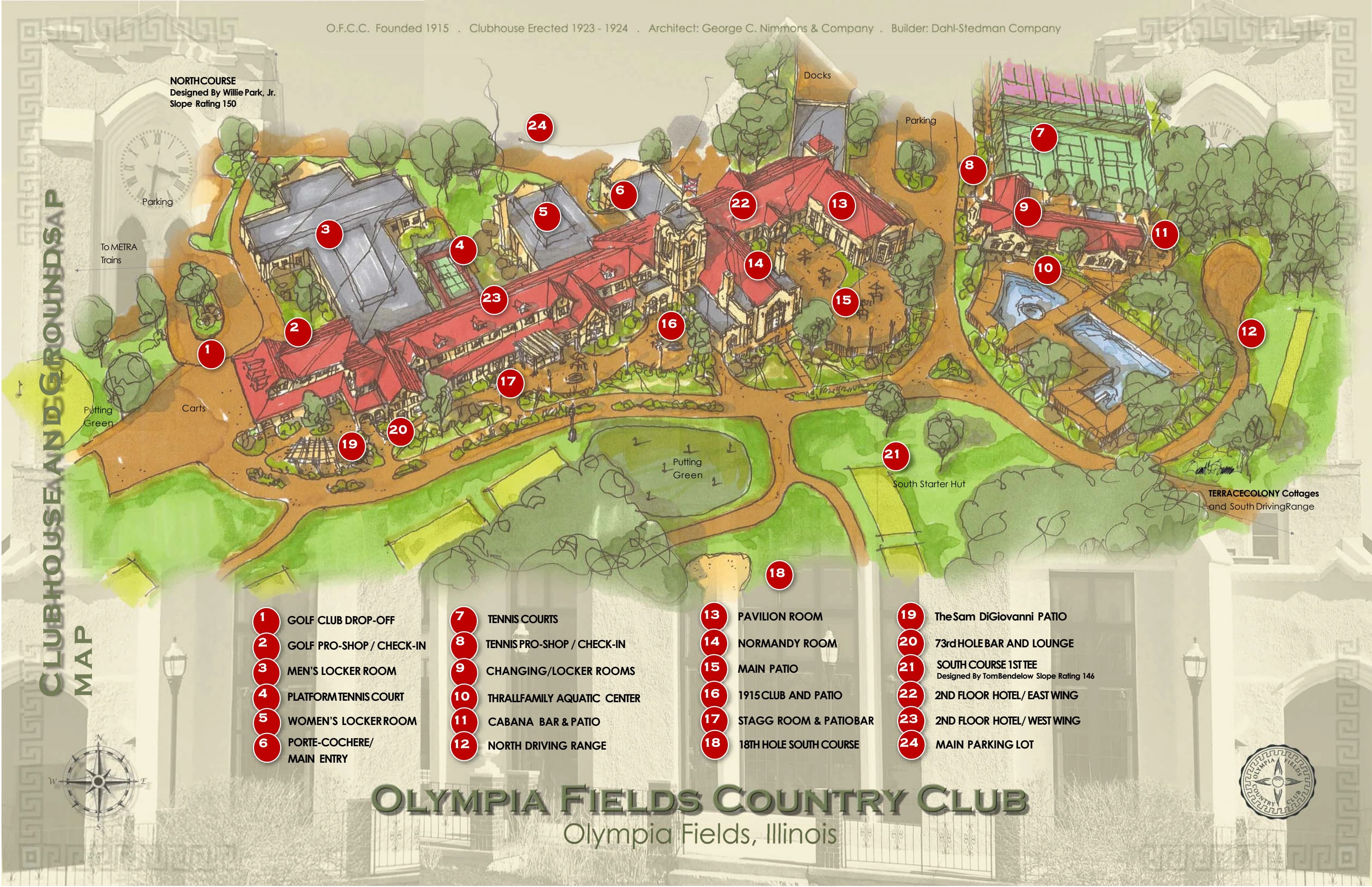 Olympia Fields North Course: Venue layout, Olympia Fields · shared clubhouse, bag drop and parking orientation. Use the original map for routes and visitor facilities.