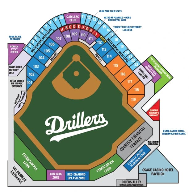 ONEOK Field: Seating chart, ONEOK Field — official numbered seating and group areas. Use the source chart for section and row details.