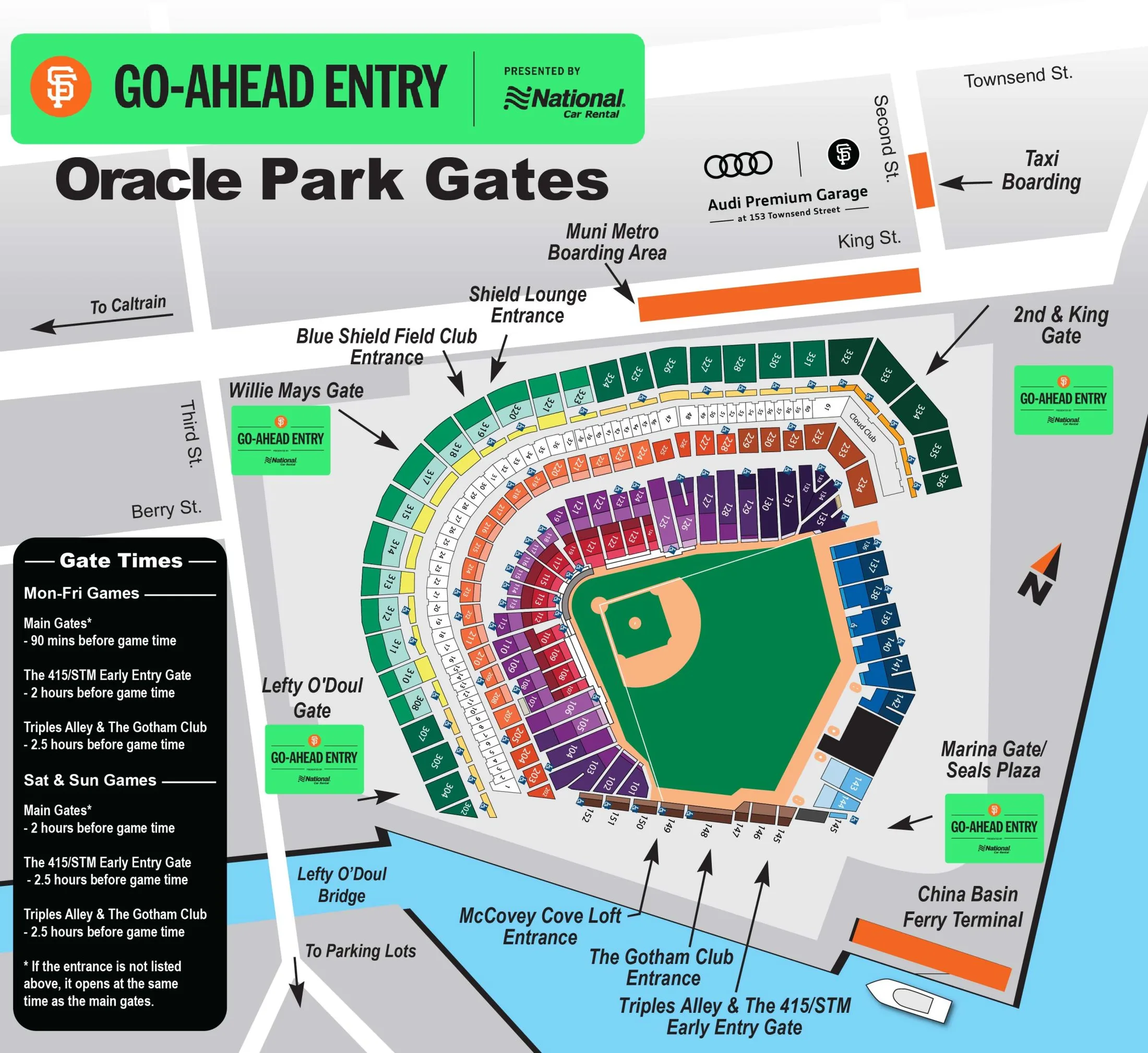 Oracle Park: Venue layout, Ballpark gates, entry locations, and surrounding arrival routes. Use the original map for routes and visitor facilities.