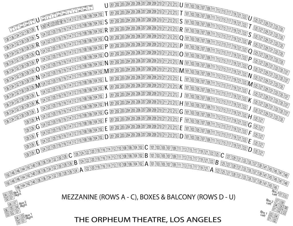 Orpheum Theatre Los Angeles: Seating chart, Mezzanine and balcony. Use the source chart for section and row details.