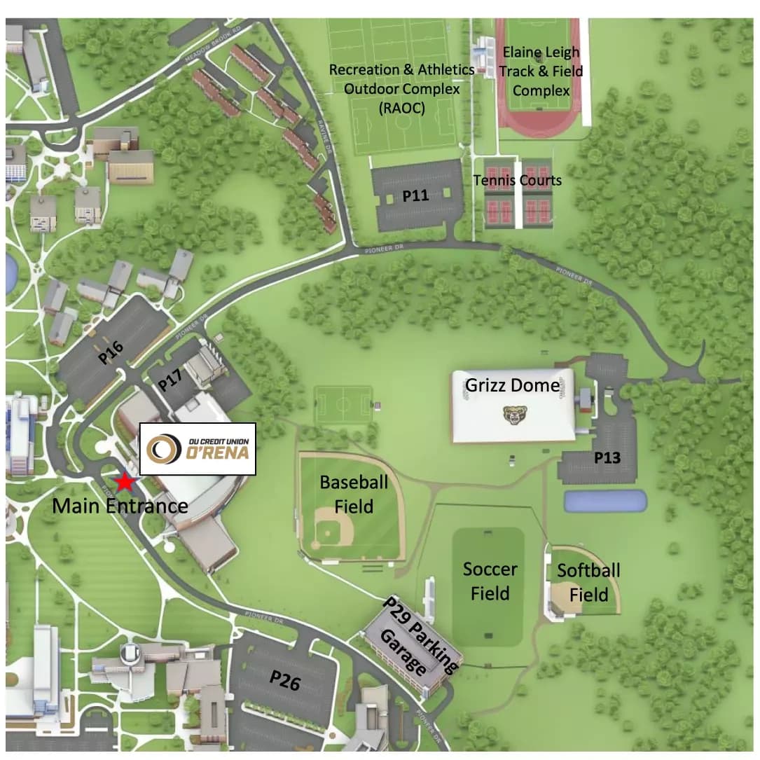 OU Credit Union O'rena: Venue layout, Owner-linked O’rena main entrance and campus parking reference. Use the original map for routes and visitor facilities.