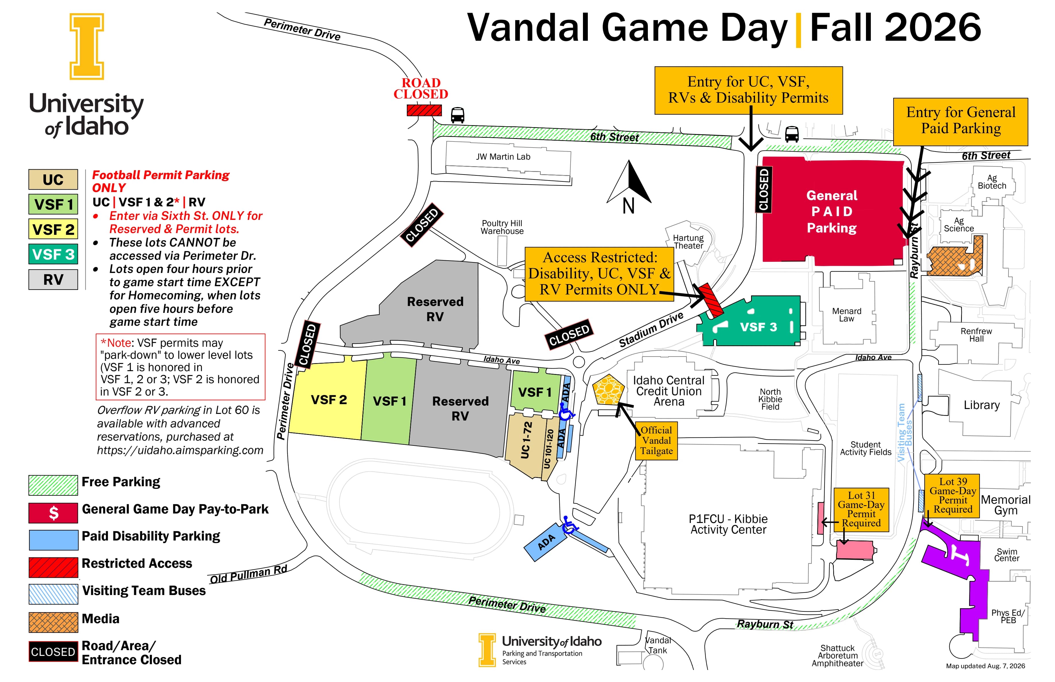 P1FCU Kibbie Dome: Venue layout, Idaho — official fall 2026 football parking and closure plan. Use the original map for routes and visitor facilities.