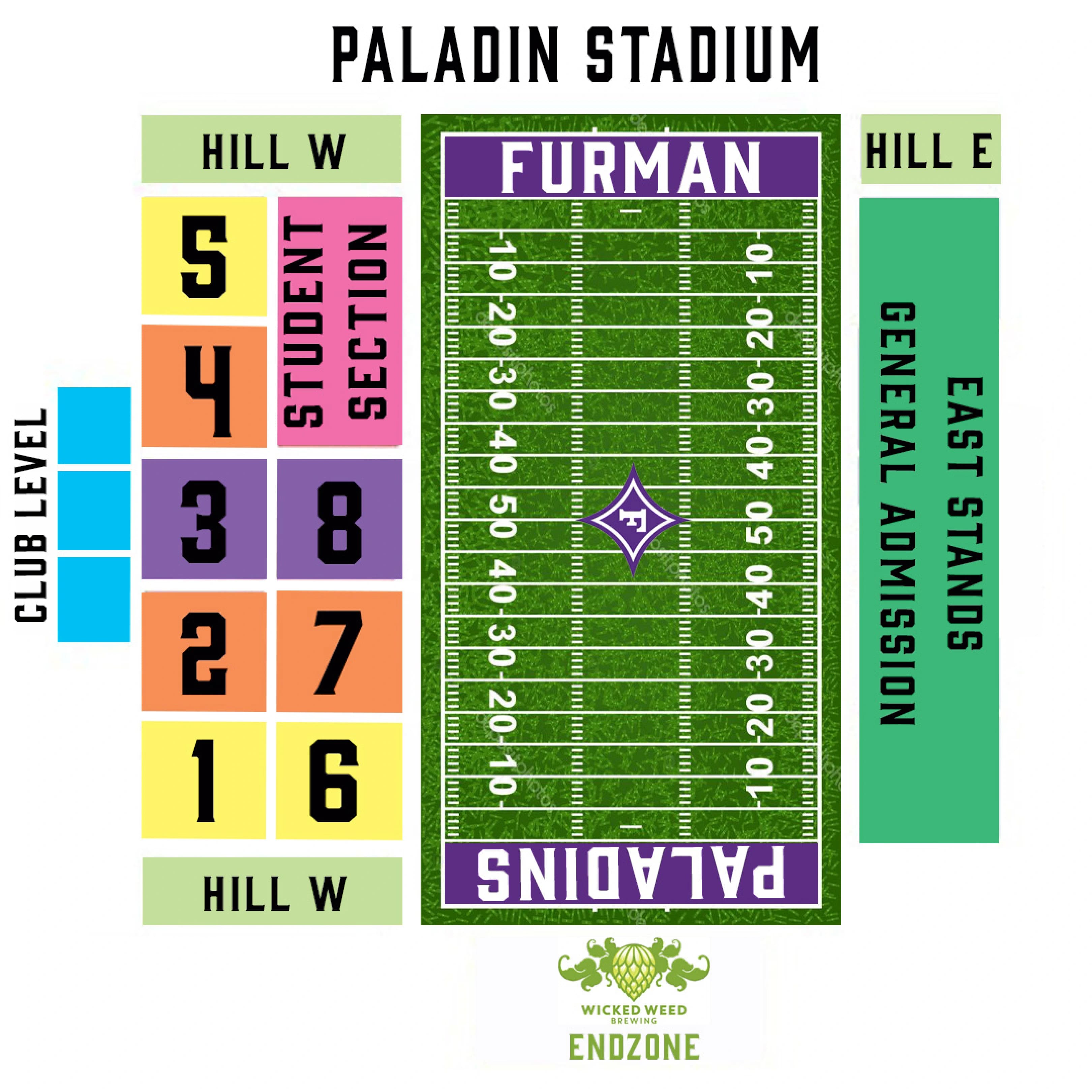 Paladin Stadium: Seating chart, Furman — official current-linked 2023 Paladin Stadium seating chart. Use the source chart for section and row details.