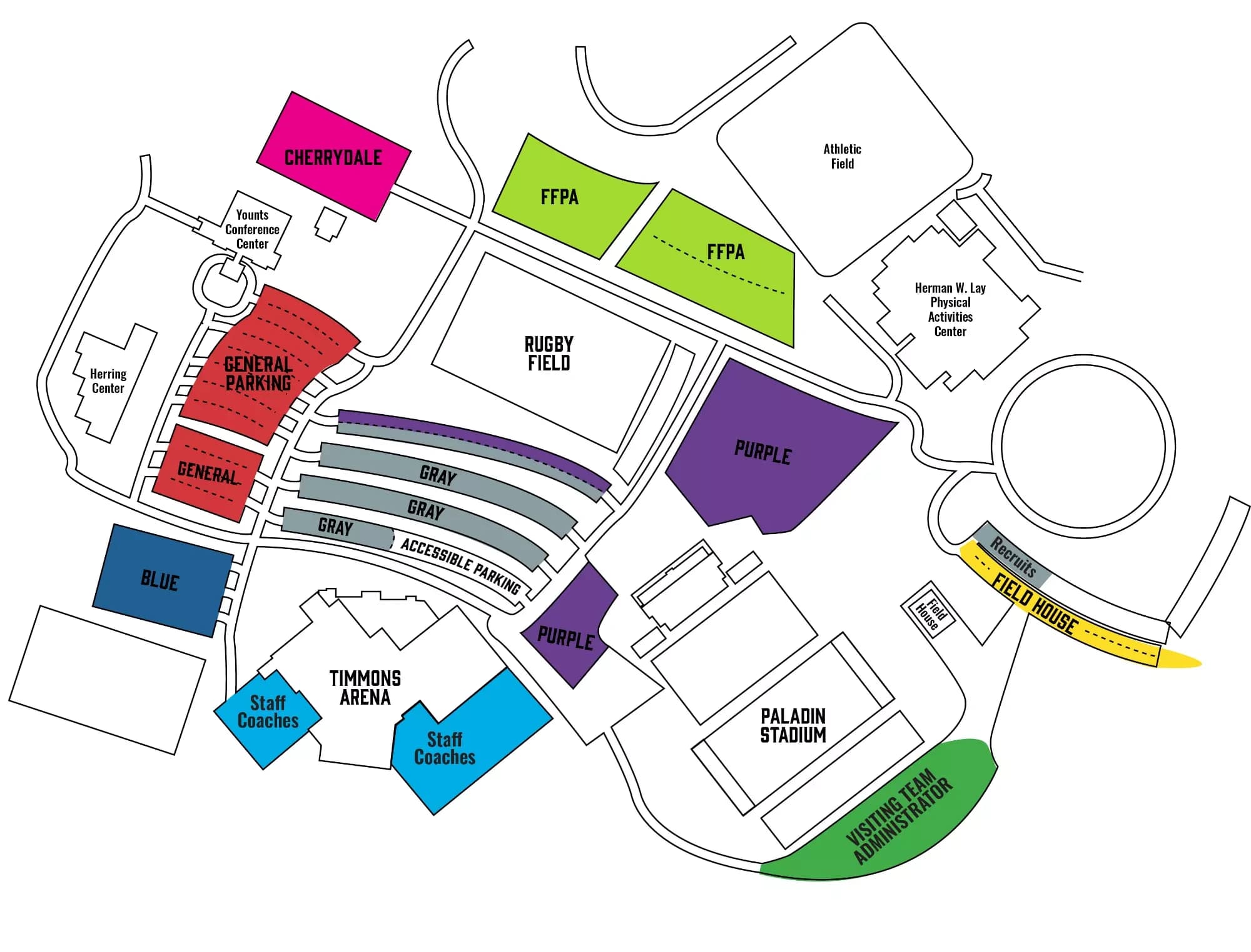 Paladin Stadium: Venue layout, Furman — current-linked 2022 football parking-location plan. Use the original map for routes and visitor facilities.