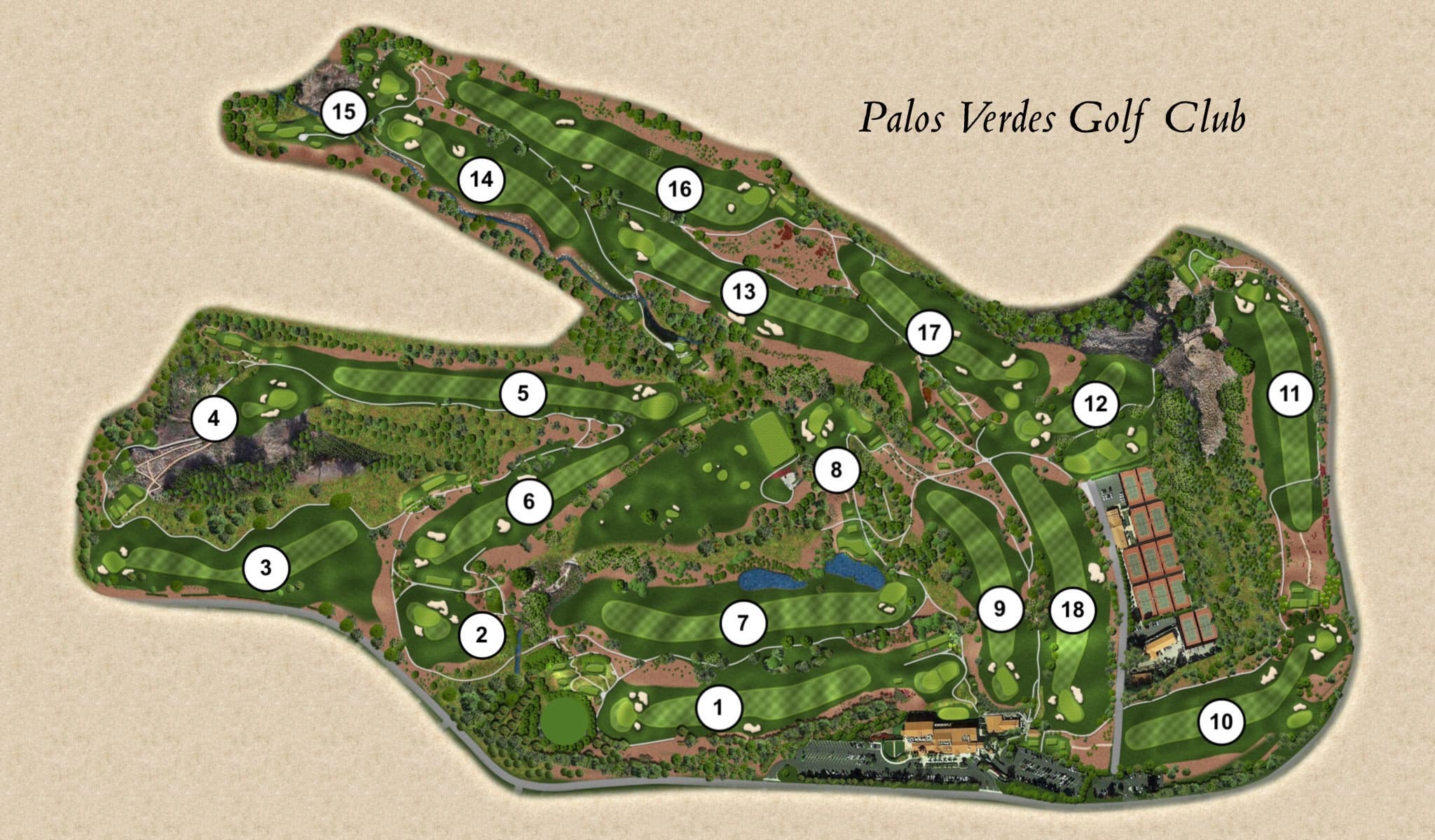 Palos Verdes Golf Club: Venue layout, Official full 18-hole course routing overview. Use the original map for routes and visitor facilities.
