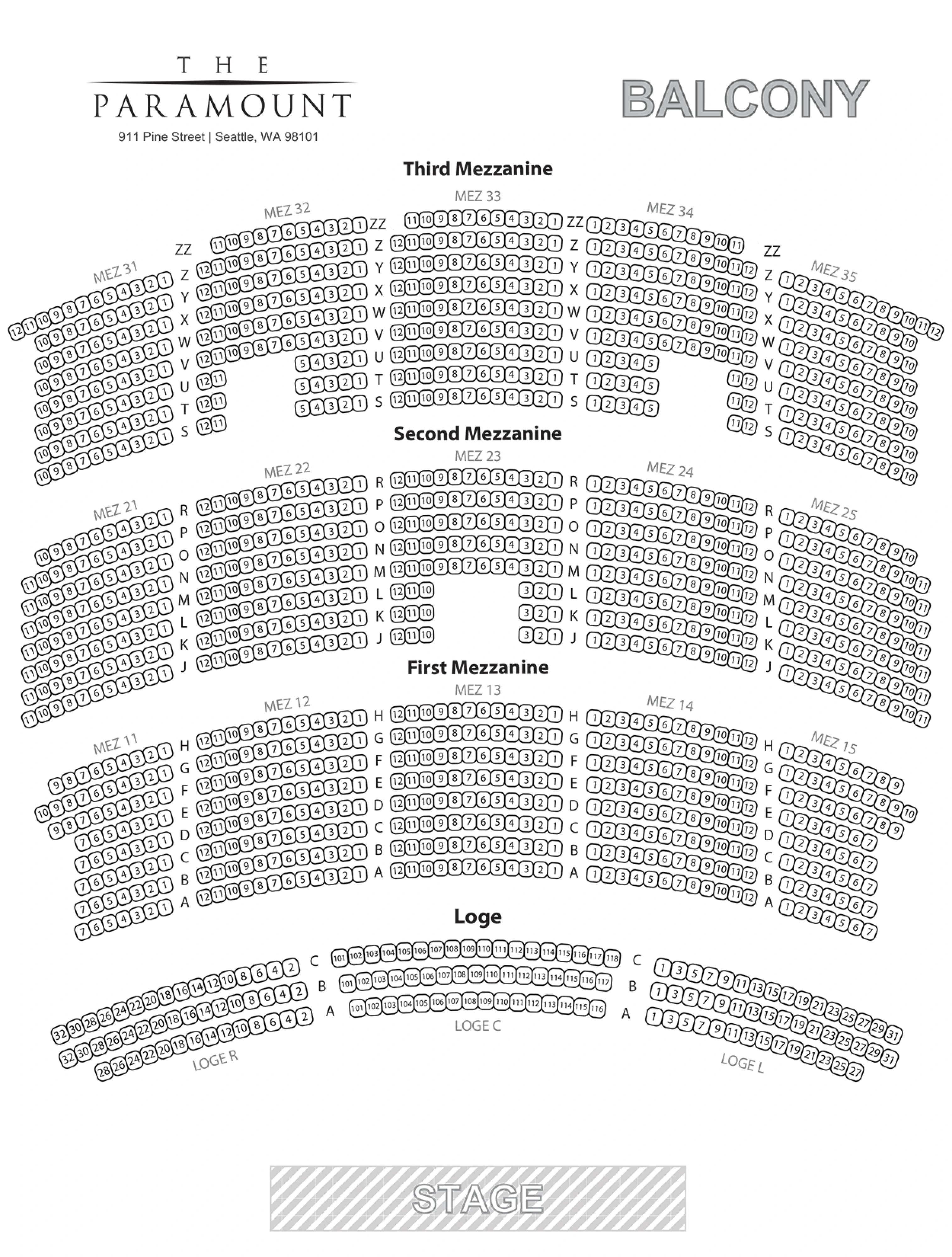 Paramount Theatre Seattle: Seating chart, Paramount Theatre Seattle — balcony, mezzanines and loge. Use the source chart for section and row details.